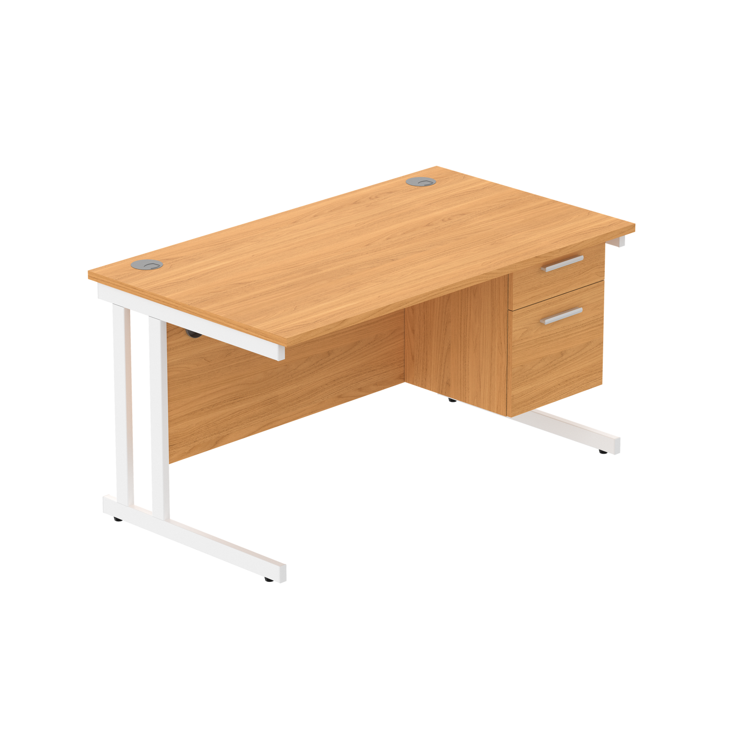 Office Rectangular Desk with Steel Double Upright Cantilever Legs + 2 Drawer Fixed Pedestal (FSC) | 1400X800 | Norwegian Beech/White