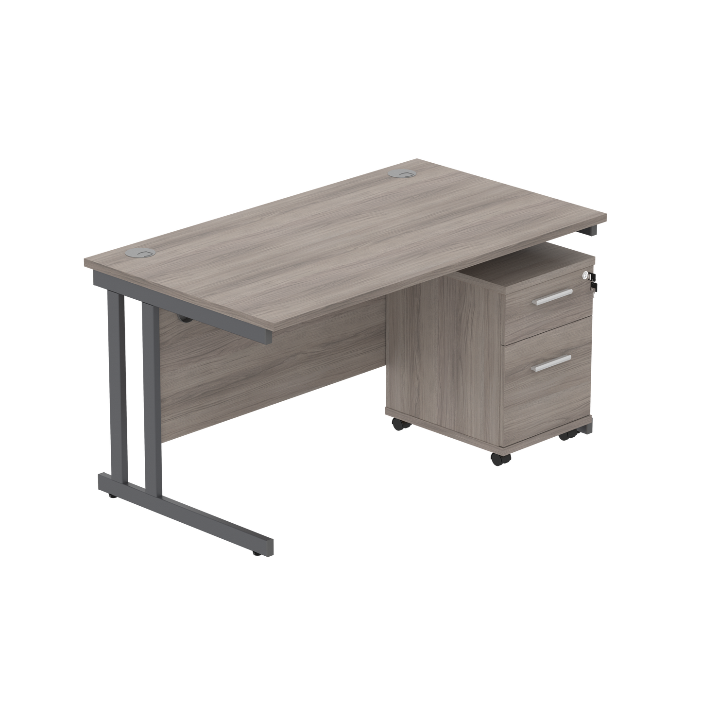 Double Upright Rectangular Desk + 2 Drawer Mobile Under Desk Pedestal (FSC) | 1400X800 | Alaskan Grey Oak/Graphite