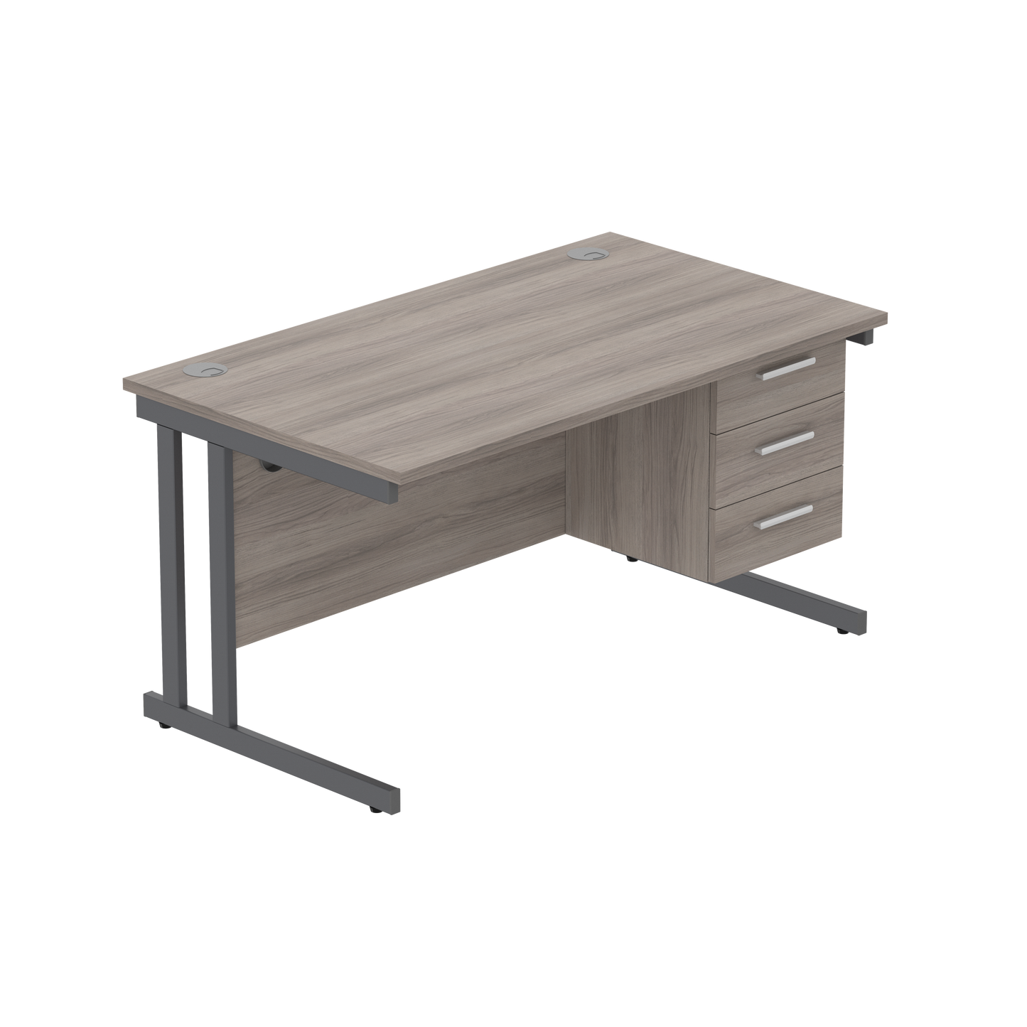 Office Rectangular Desk with Steel Double Upright Cantilever Legs + 3 Drawer Fixed Pedestal (FSC) | 1400X800 | Alaskan Grey Oak/Graphite