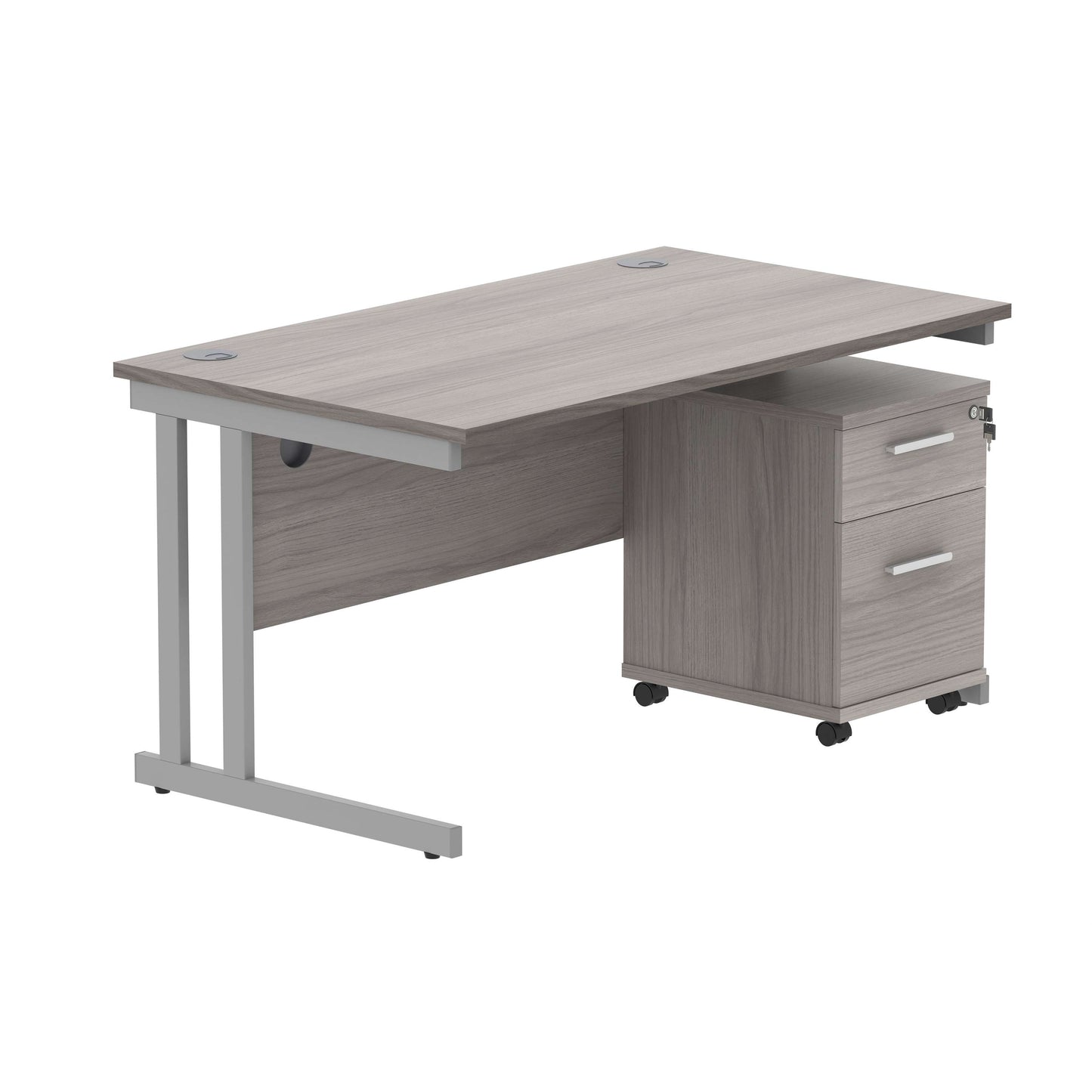 Double Upright Rectangular Desk + 2 Drawer Mobile Under Desk Pedestal (FSC) | 1400X800 | Alaskan Grey Oak/Silver