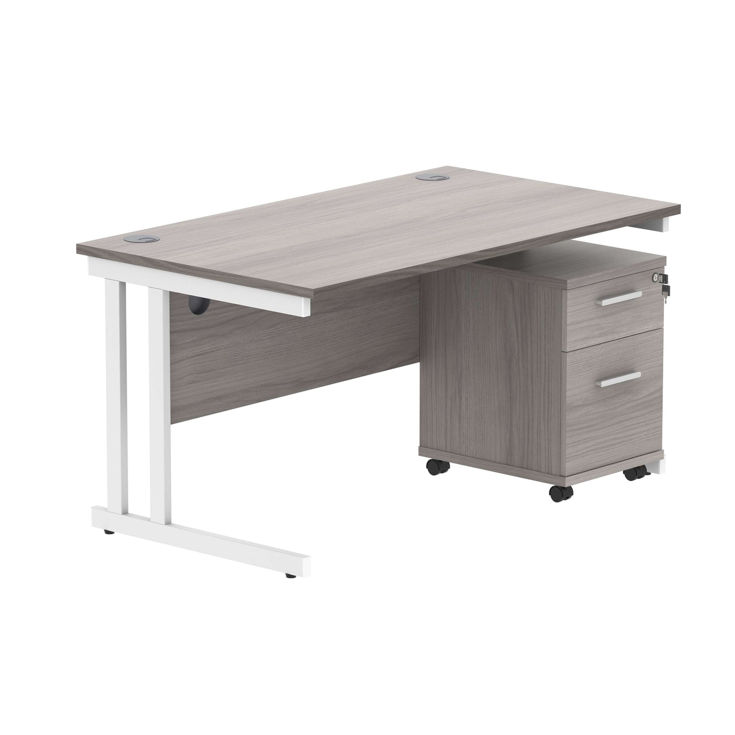 Double Upright Rectangular Desk + 2 Drawer Mobile Under Desk Pedestal (FSC) | 1400X800 | Alaskan Grey Oak/White