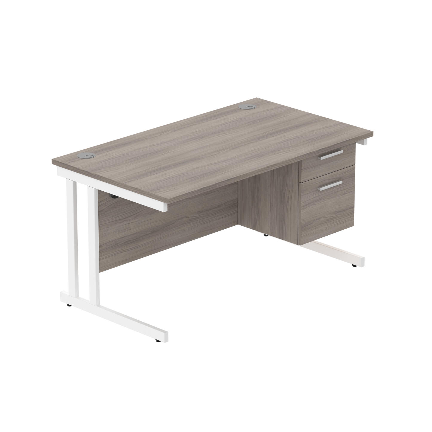 Office Rectangular Desk with Steel Double Upright Cantilever Legs + 2 Drawer Fixed Pedestal (FSC) | 1400X800 | Alaskan Grey Oak/White