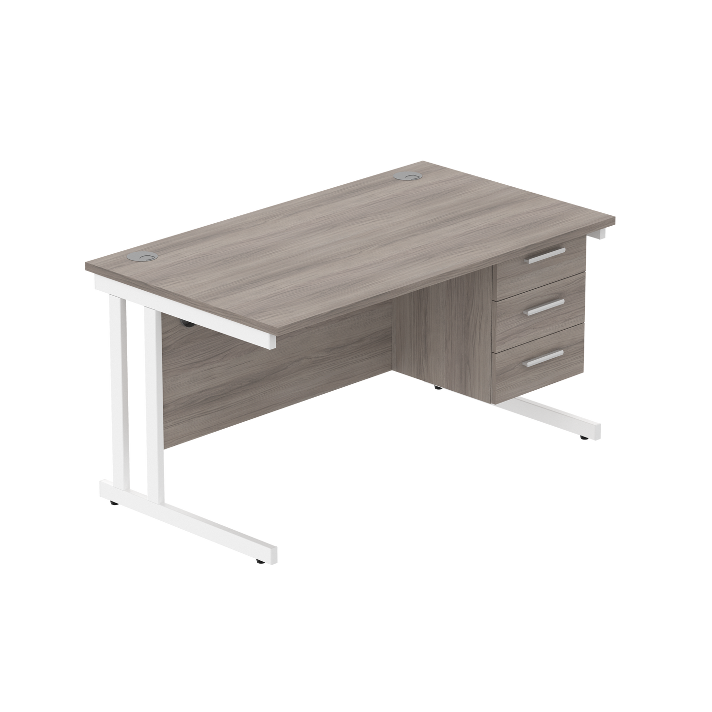 Office Rectangular Desk with Steel Double Upright Cantilever Legs + 3 Drawer Fixed Pedestal (FSC) | 1400X800 | Alaskan Grey Oak/White