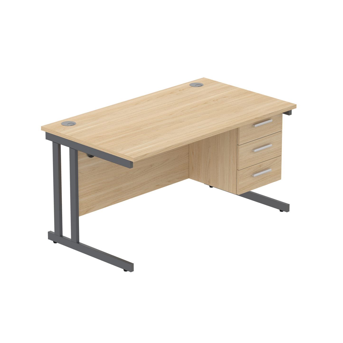 Office Rectangular Desk with Steel Double Upright Cantilever Legs + 3 Drawer Fixed Pedestal (FSC) | 1400X800 | Canadian Oak/Graphite