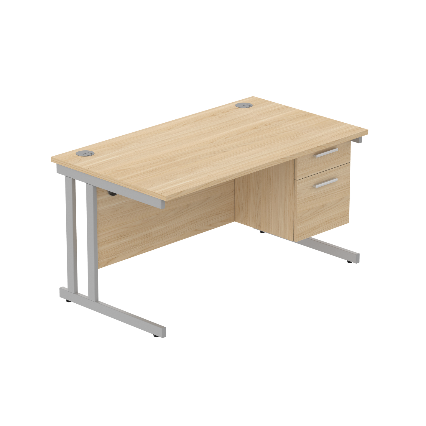 Office Rectangular Desk with Steel Double Upright Cantilever Legs + 2 Drawer Fixed Pedestal (FSC) | 1400X800 | Canadian Oak/Silver