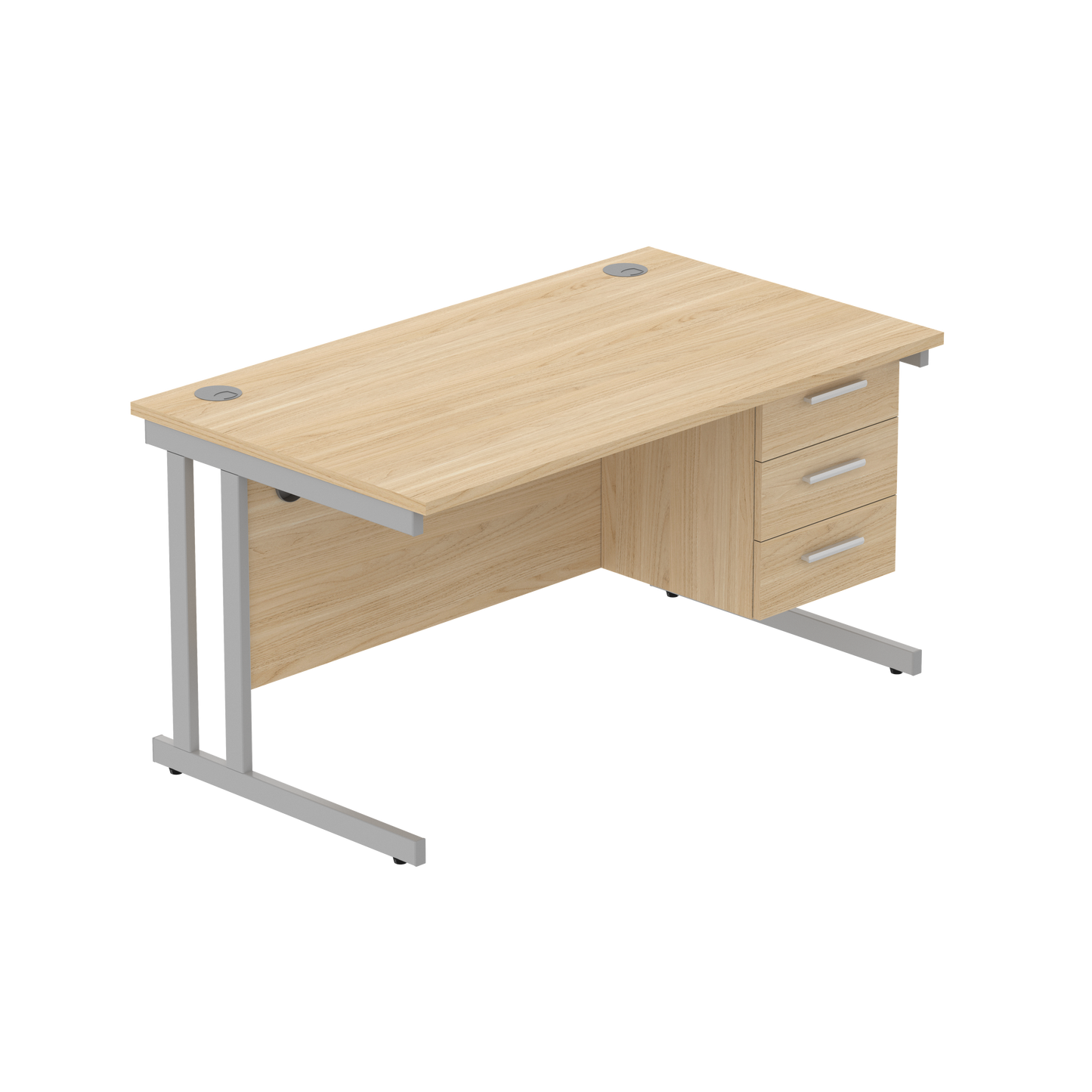 Office Rectangular Desk with Steel Double Upright Cantilever Legs + 3 Drawer Fixed Pedestal (FSC) | 1400X800 | Canadian Oak/Silver