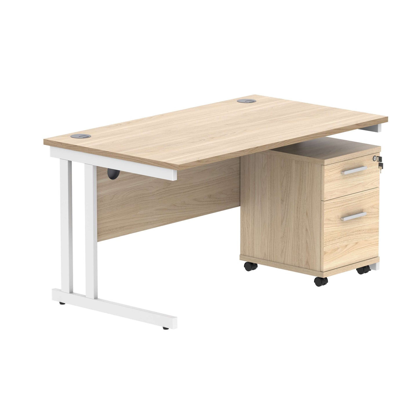 Double Upright Rectangular Desk + 2 Drawer Mobile Under Desk Pedestal (FSC) | 1400X800 | Canadian Oak/White