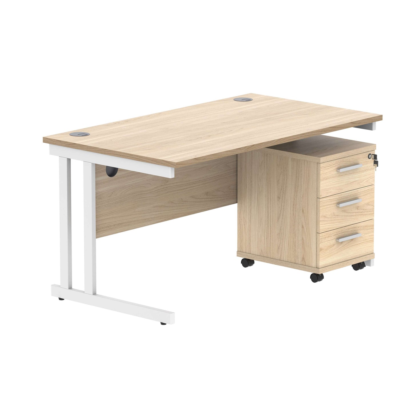 Double Upright Rectangular Desk + 3 Drawer Mobile Under Desk Pedestal (FSC) | 1400X800 | Canadian Oak/White