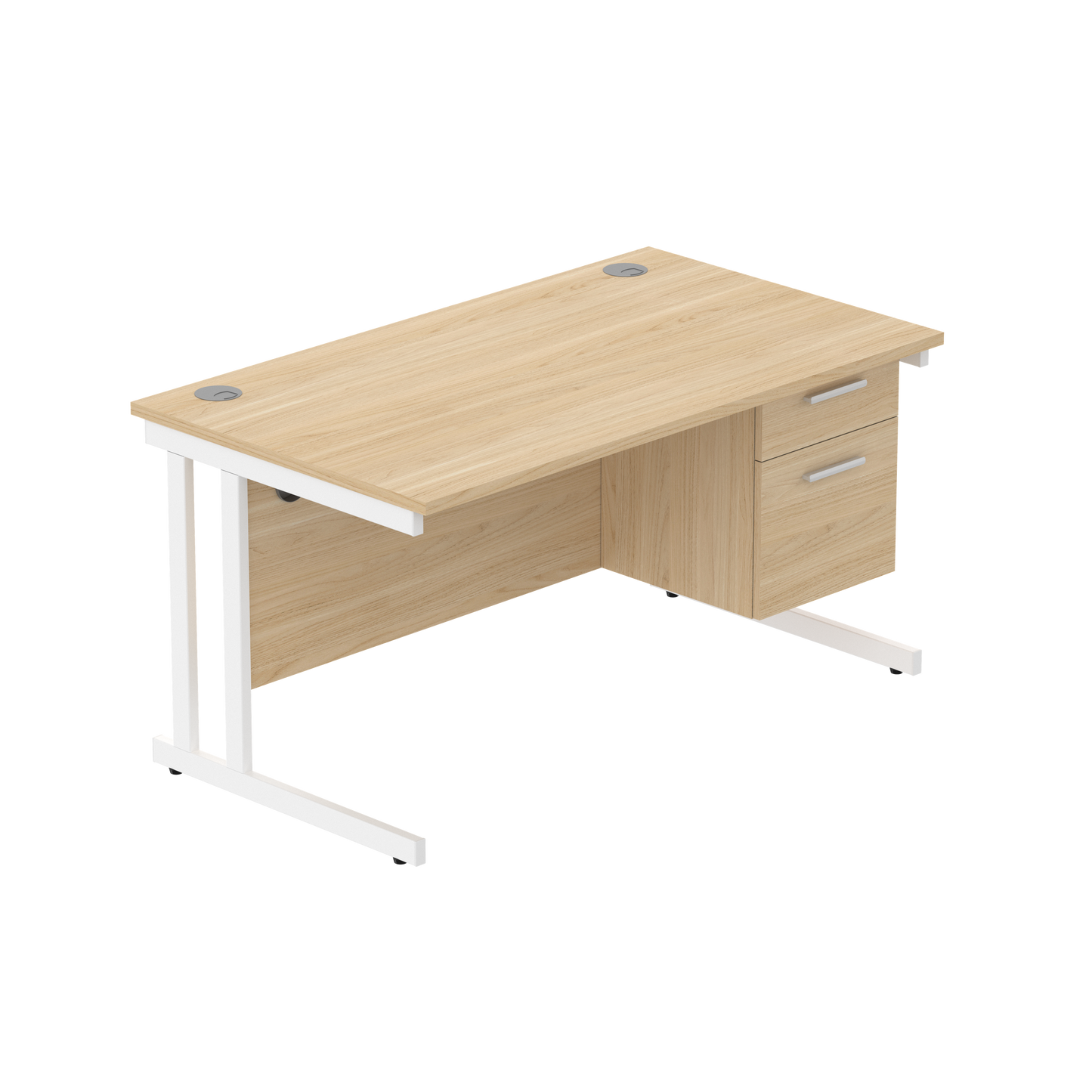 Office Rectangular Desk with Steel Double Upright Cantilever Legs + 2 Drawer Fixed Pedestal (FSC) | 1400X800 | Canadian Oak/White