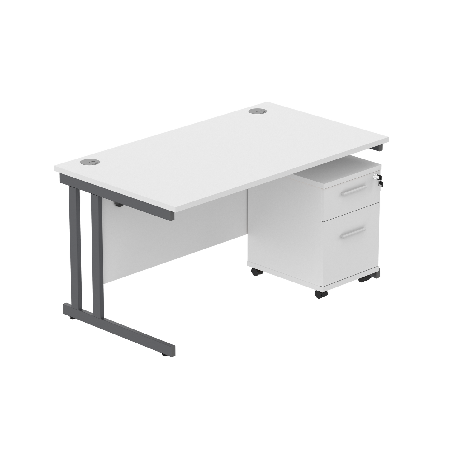 Double Upright Rectangular Desk + 2 Drawer Mobile Under Desk Pedestal (FSC) | 1400X800 | Arctic White/Graphite