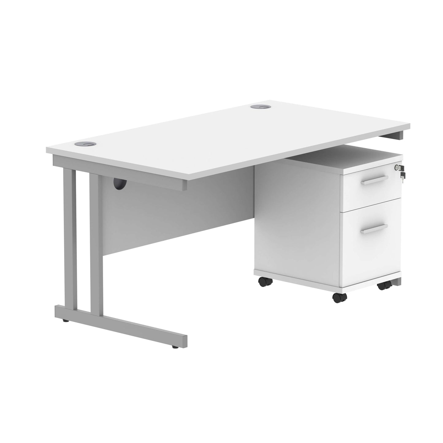 Double Upright Rectangular Desk + 2 Drawer Mobile Under Desk Pedestal (FSC) | 1400X800 | Arctic White/Silver