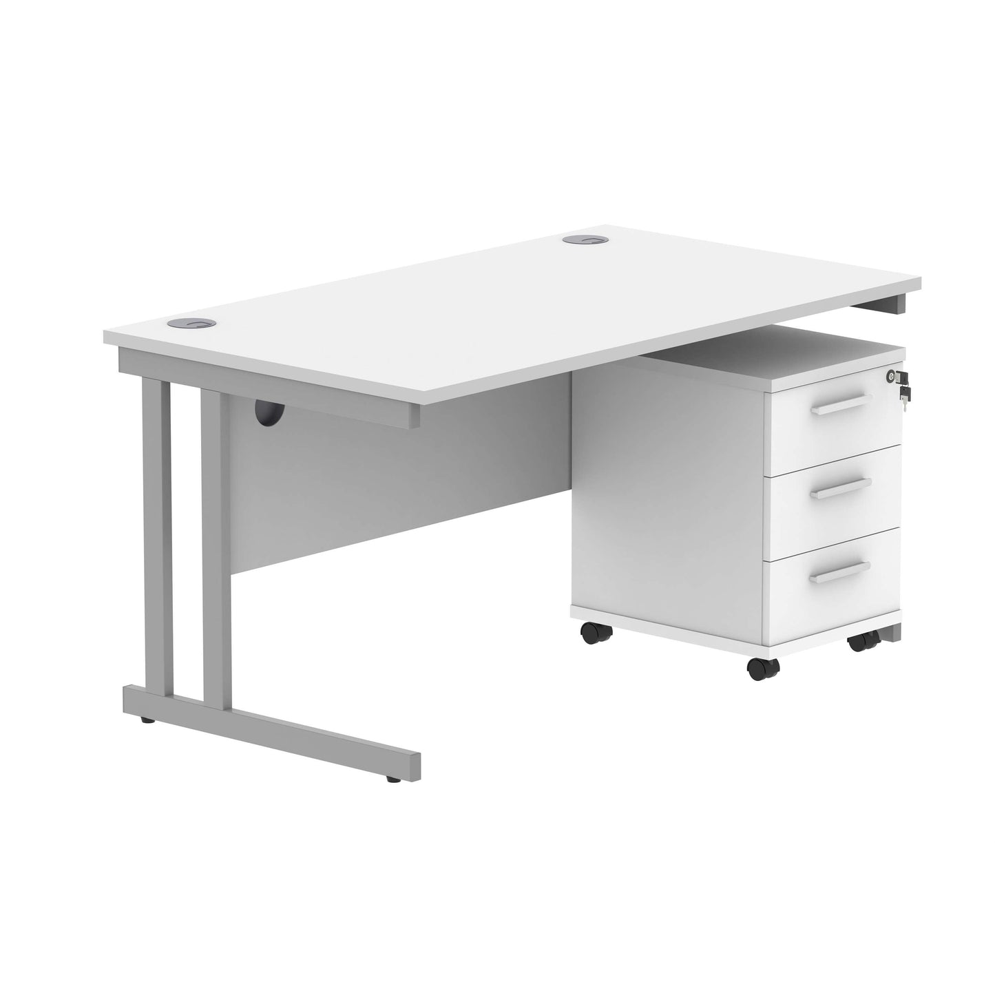 Double Upright Rectangular Desk + 3 Drawer Mobile Under Desk Pedestal (FSC) | 1400X800 | Arctic White/Silver