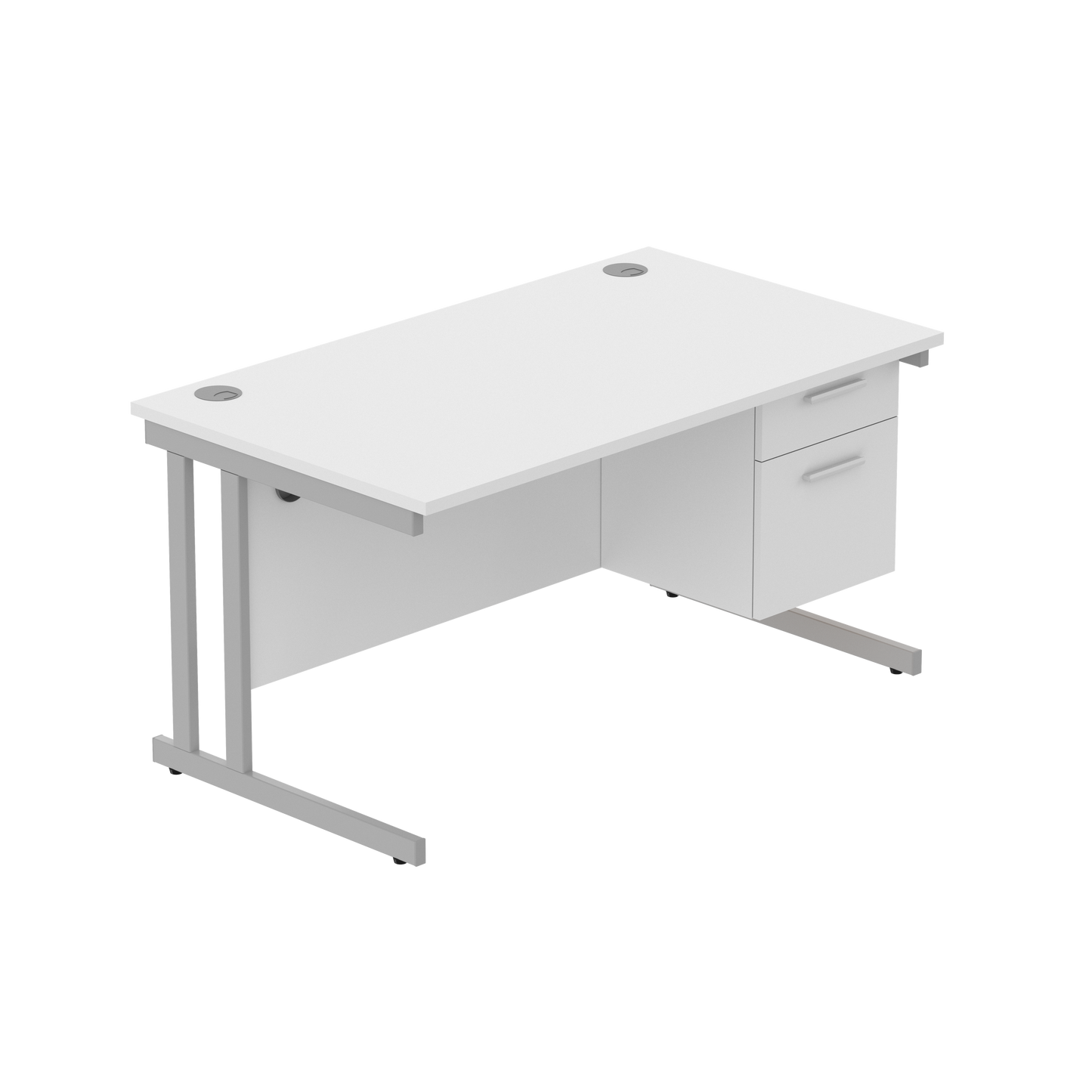 Office Rectangular Desk with Steel Double Upright Cantilever Legs + 2 Drawer Fixed Pedestal (FSC) | 1400X800 | Arctic White/Silver