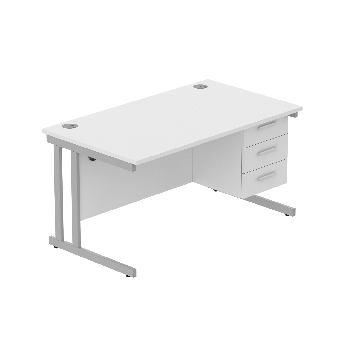 Office Rectangular Desk with Steel Double Upright Cantilever Legs + 3 Drawer Fixed Pedestal (FSC) | 1400X800 | Arctic White/Silver