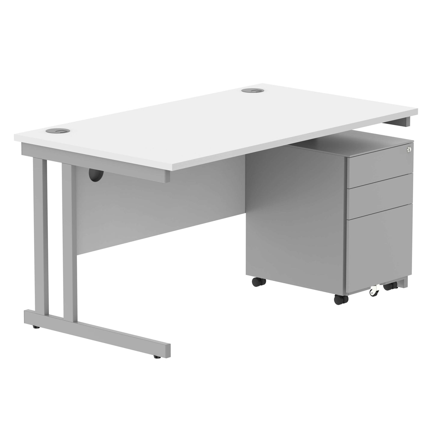 Double Upright Rectangular Desk + Under Desk Steel Pedestal 3 Drawers (FSC) | 1400X800 | Arctic White/Silver