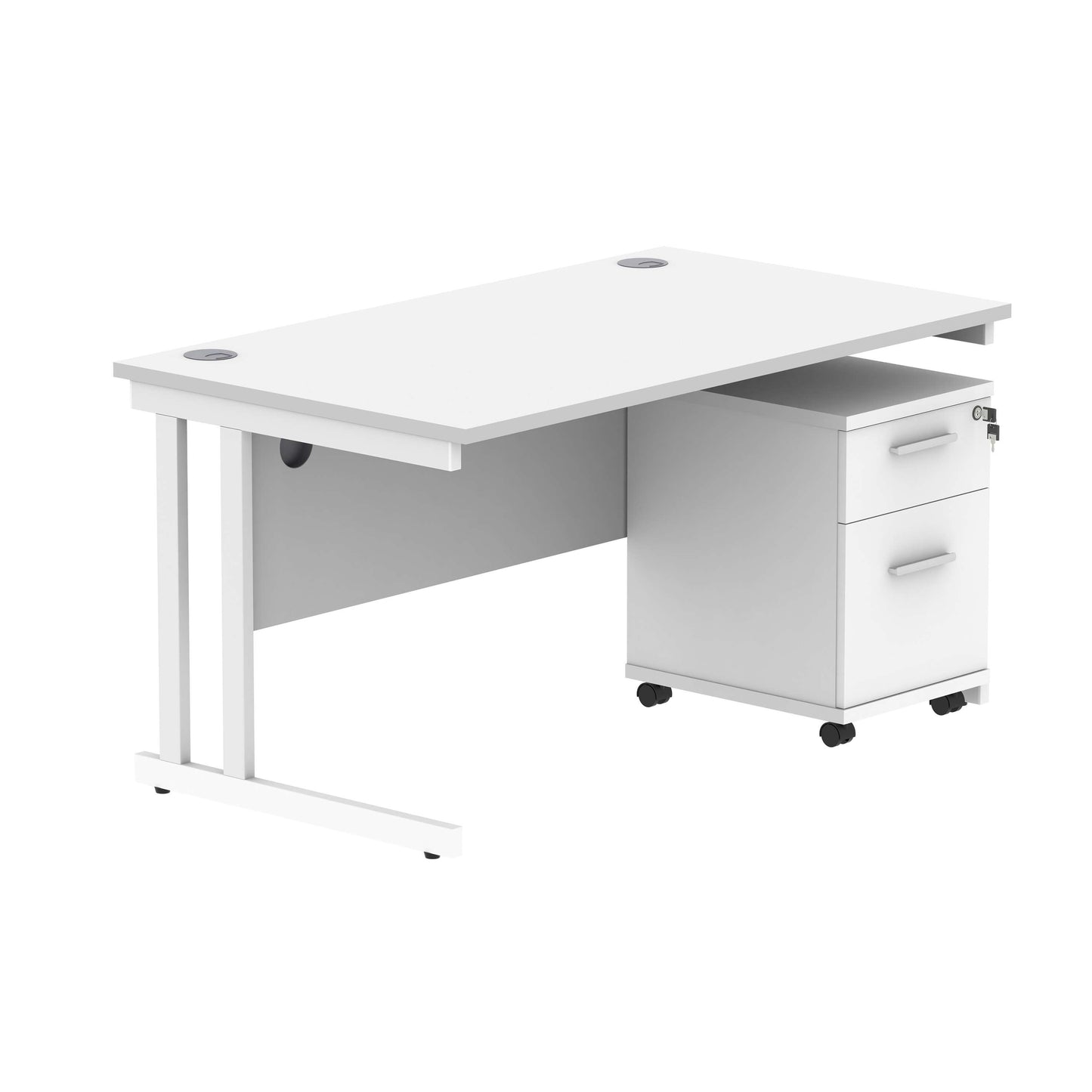 Double Upright Rectangular Desk + 2 Drawer Mobile Under Desk Pedestal (FSC) | 1400X800 | Arctic White/White