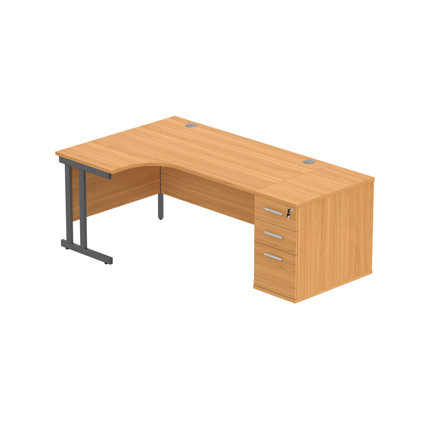Double Upright Left Hand Radial Desk + Desk High Pedestal (FSC) | 600mm Deep Pedestal | 1600X1200 | Norwegian Beech/Graphite