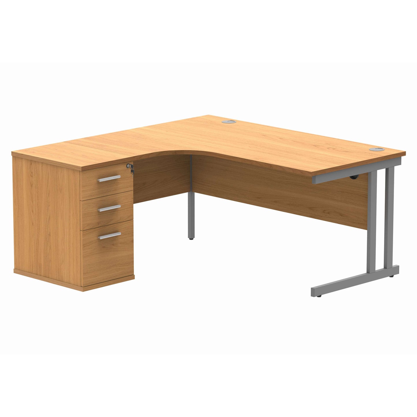 Double Upright Left Hand Radial Desk + Desk High Pedestal (FSC) | 600mm Deep Pedestal | 1600X1200 | Norwegian Beech/Silver