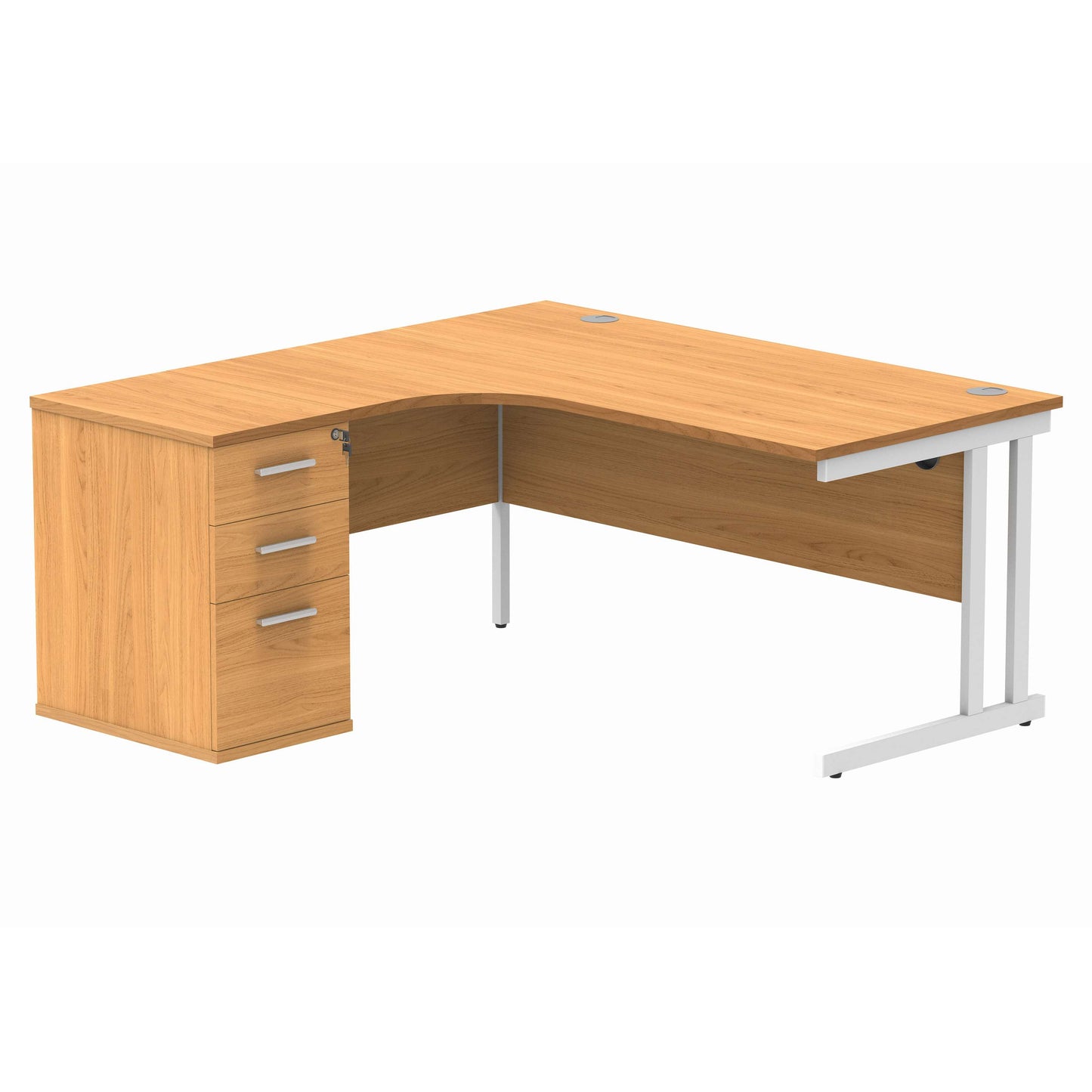 Double Upright Left Hand Radial Desk + Desk High Pedestal (FSC) | 600mm Deep Pedestal | 1600X1200 | Norwegian Beech/White