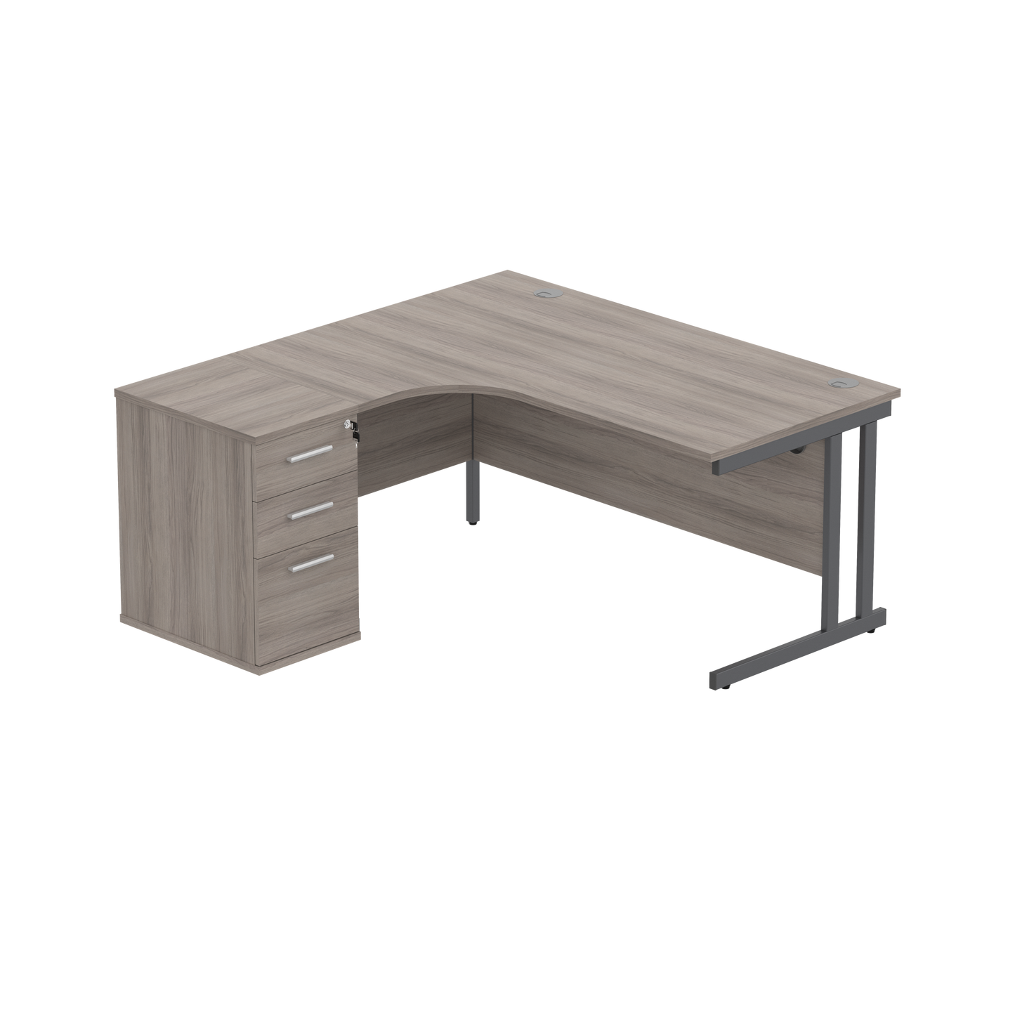 Double Upright Left Hand Radial Desk + Desk High Pedestal (FSC) | 600mm Deep Pedestal | 1600X1200 | Alaskan Grey Oak/Graphite