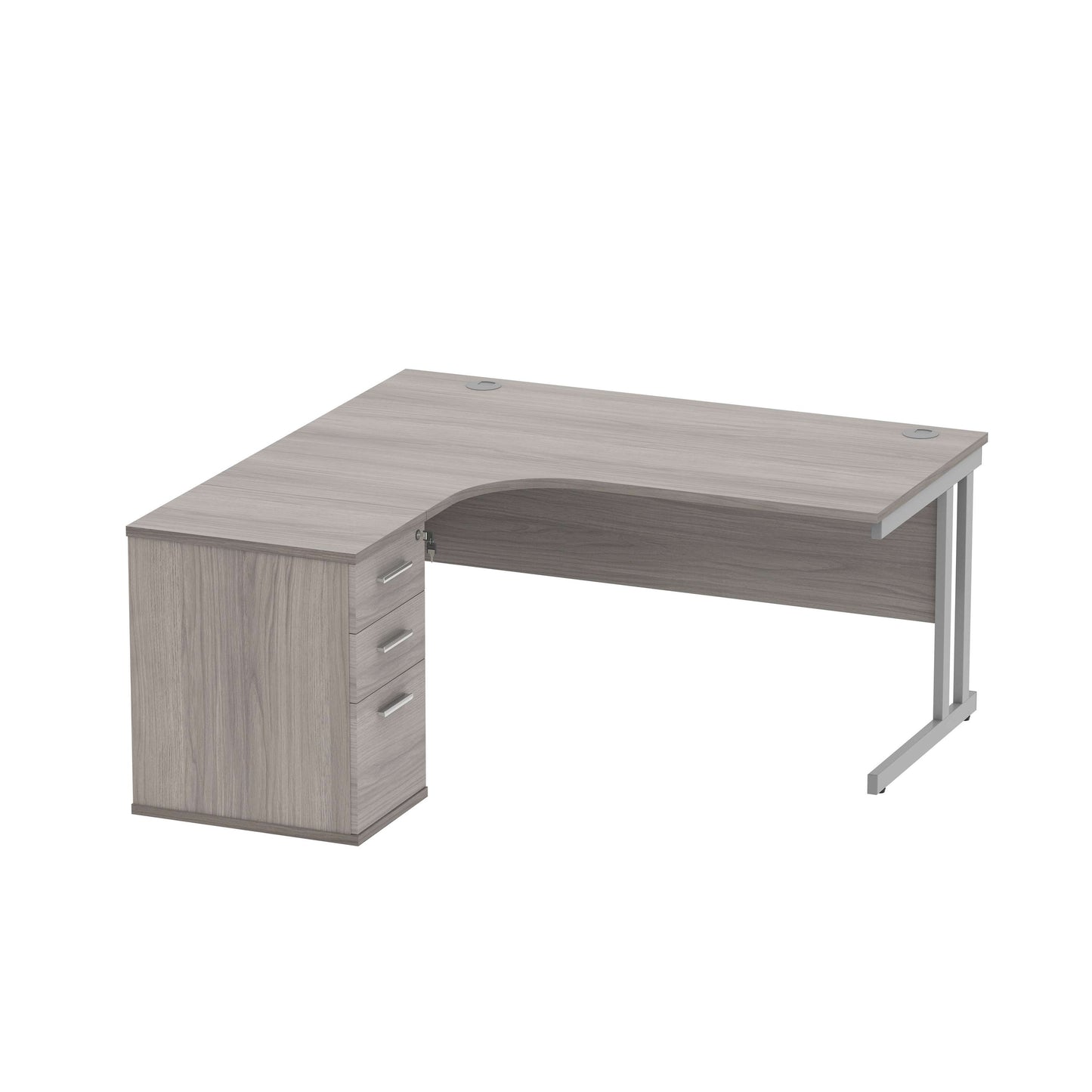 Double Upright Left Hand Radial Desk + Desk High Pedestal (FSC) | 600mm Deep Pedestal | 1600X1200 | Alaskan Grey Oak/Silver