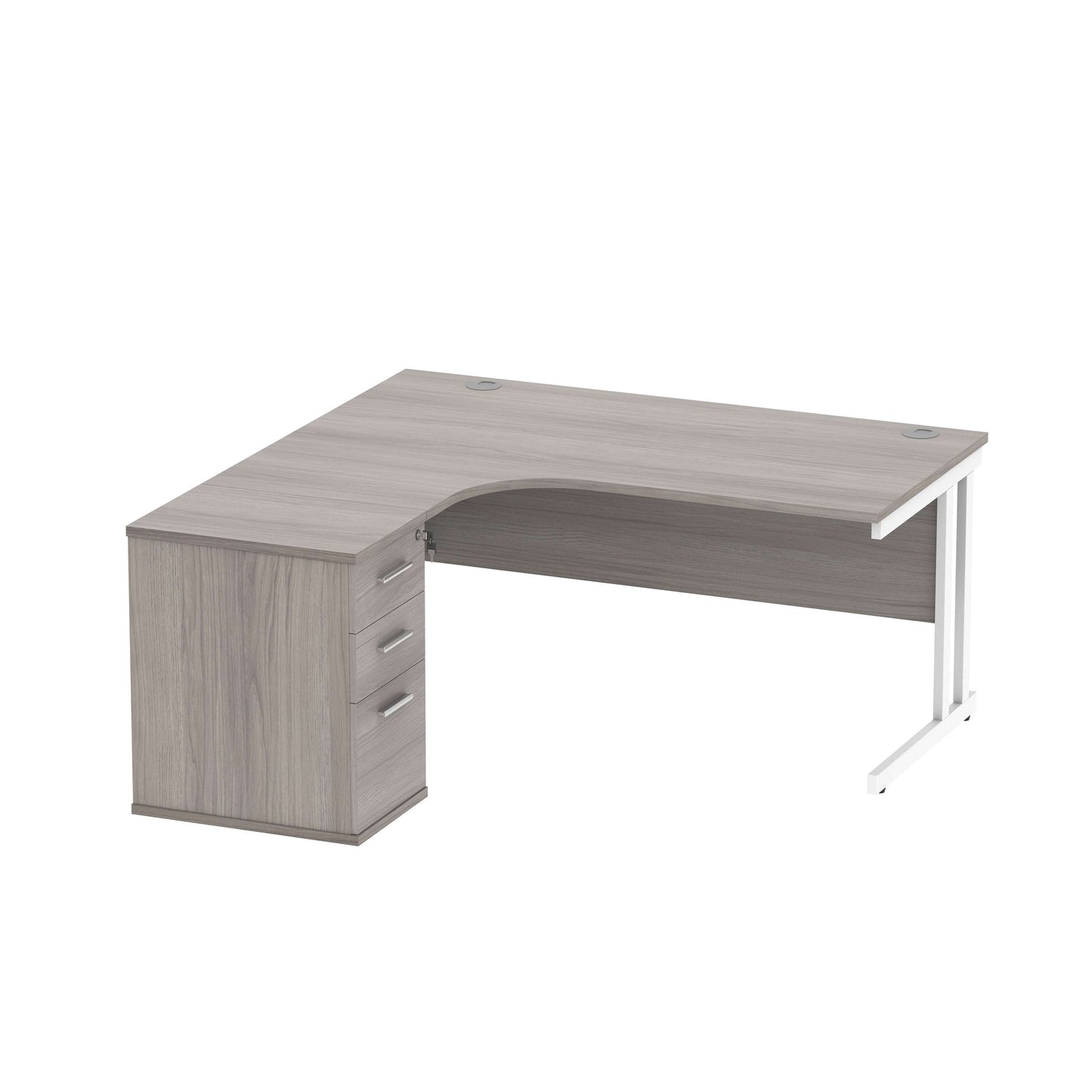 Double Upright Left Hand Radial Desk + Desk High Pedestal (FSC) | 600mm Deep Pedestal | 1600X1200 | Alaskan Grey Oak/White