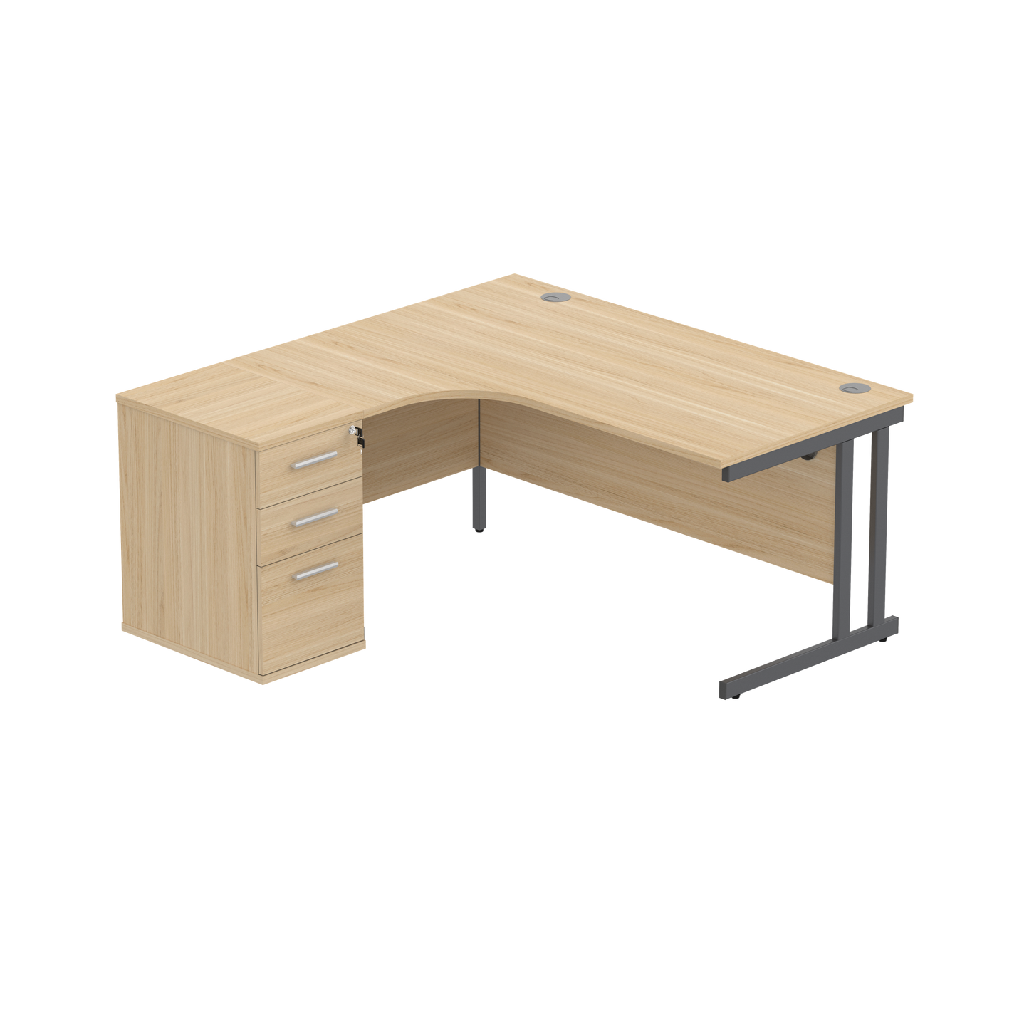 Double Upright Left Hand Radial Desk + Desk High Pedestal (FSC) | 600mm Deep Pedestal | 1600X1200 | Canadian Oak/Graphite