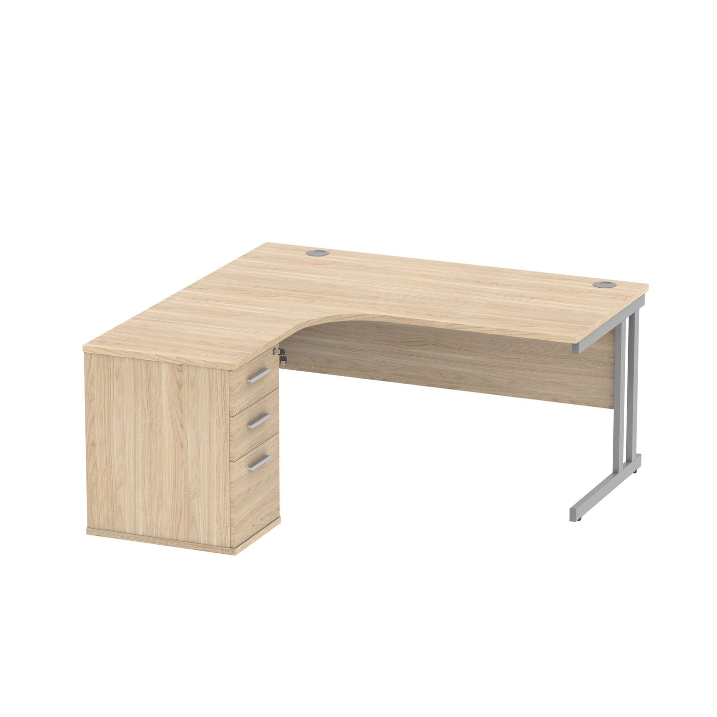 Double Upright Left Hand Radial Desk + Desk High Pedestal (FSC) | 600mm Deep Pedestal | 1600X1200 | Canadian Oak/Silver