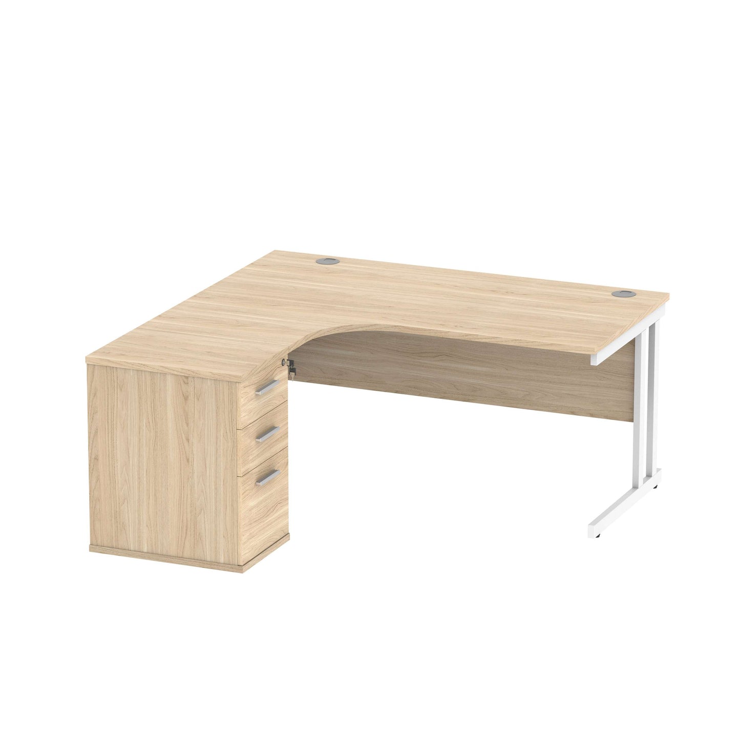 Double Upright Left Hand Radial Desk + Desk High Pedestal (FSC) | 600mm Deep Pedestal | 1600X1200 | Canadian Oak/White