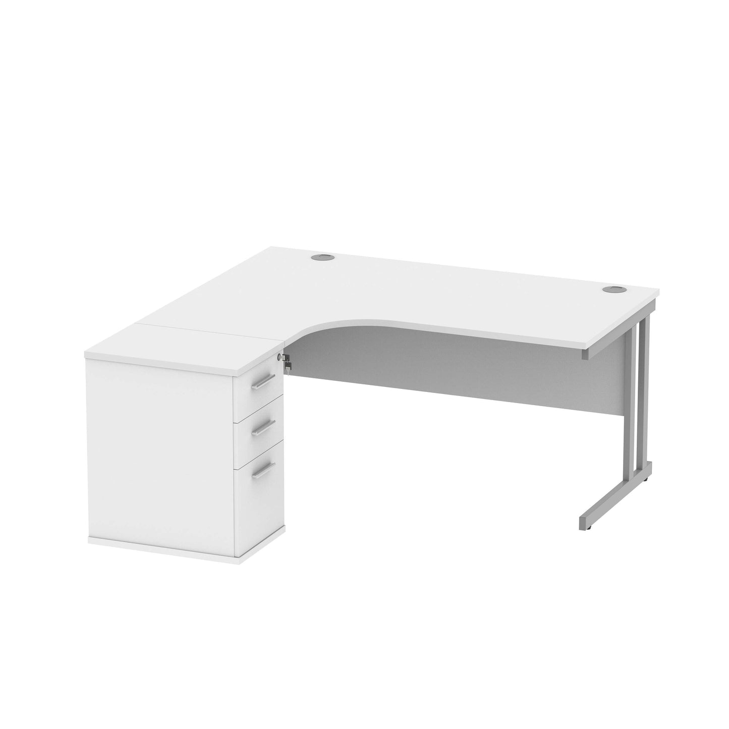 Double Upright Left Hand Radial Desk + Desk High Pedestal (FSC) | 600mm Deep Pedestal | 1600X1200 | Arctic White/Silver