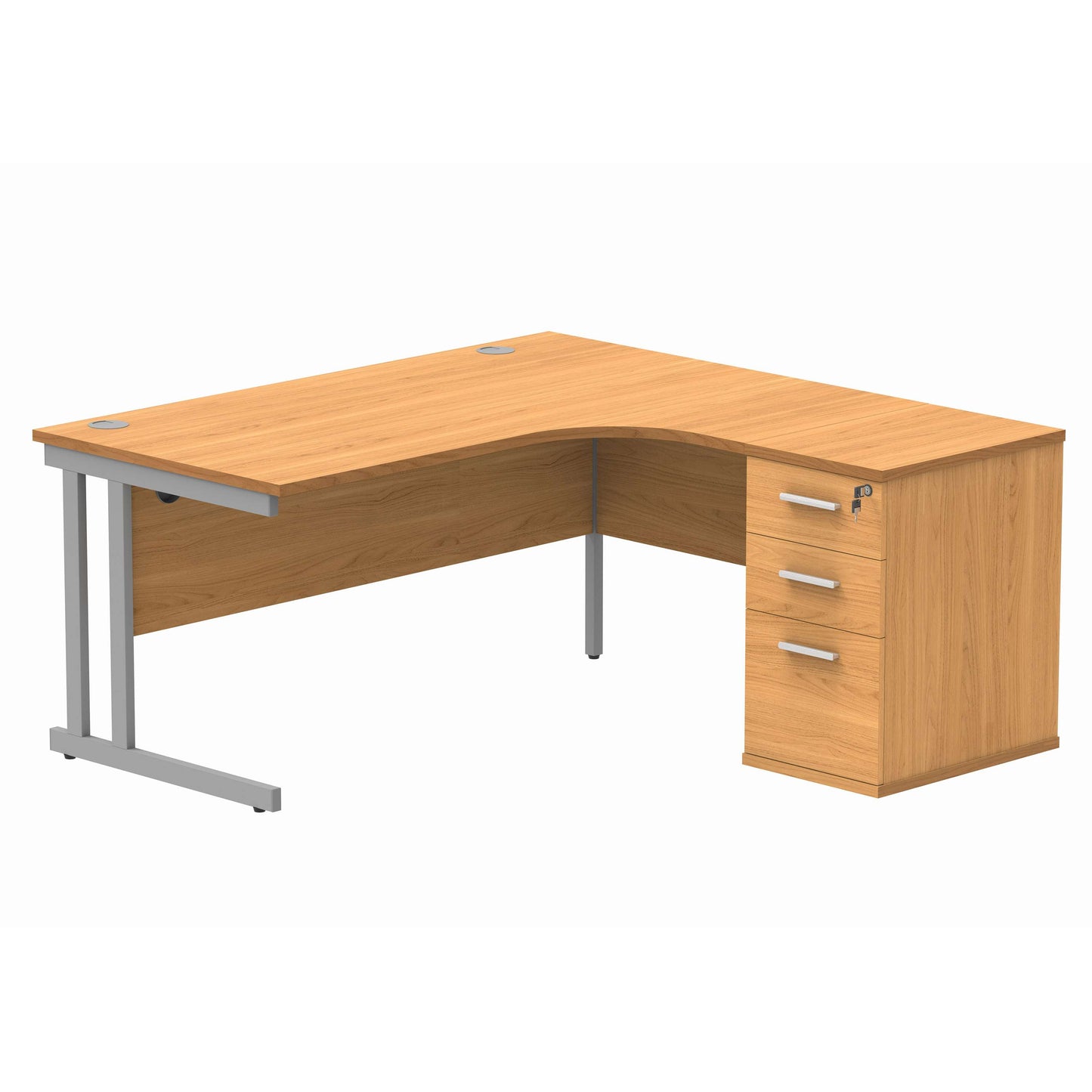 Double Upright Right Hand Radial Desk + Desk High Pedestal (FSC) | 600mm Deep Pedestal | 1600X1200 | Norwegian Beech/Silver