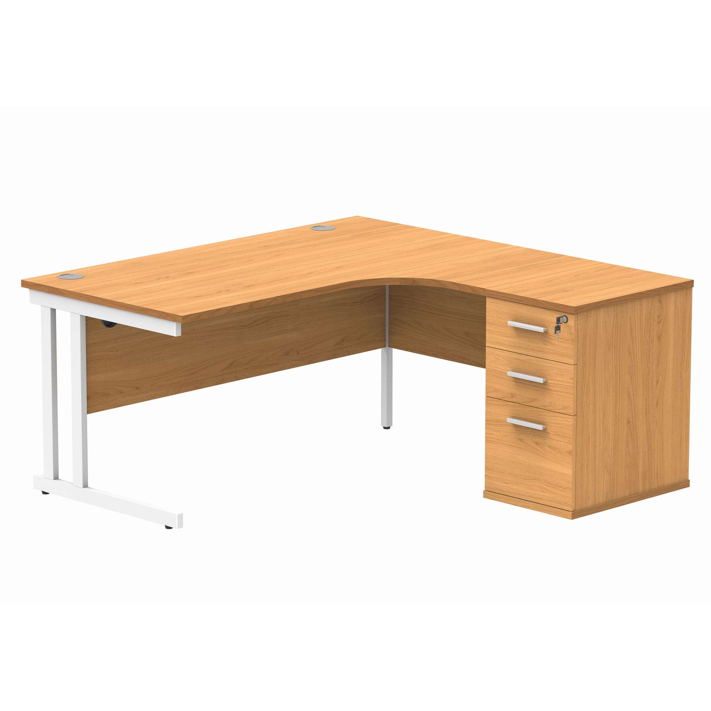 Double Upright Right Hand Radial Desk + Desk High Pedestal (FSC) | 600mm Deep Pedestal | 1600X1200 | Norwegian Beech/White