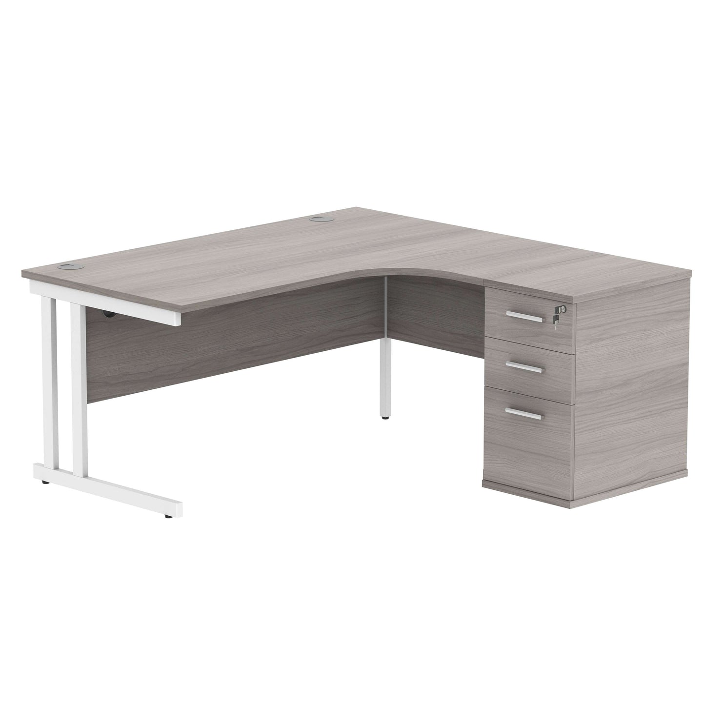 Double Upright Right Hand Radial Desk + Desk High Pedestal (FSC) | 600mm Deep Pedestal | 1600X1200 | Alaskan Grey Oak/White
