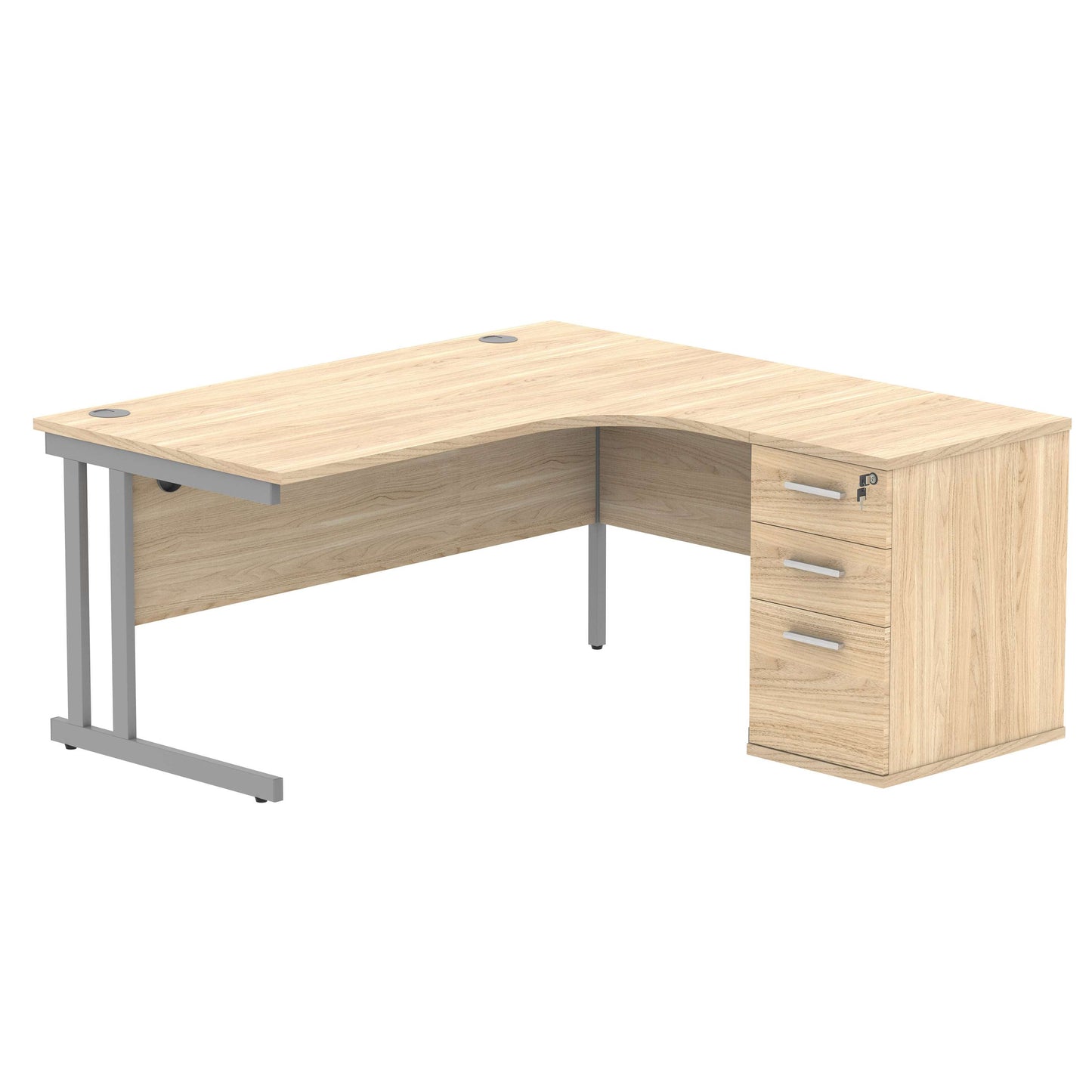 Double Upright Right Hand Radial Desk + Desk High Pedestal (FSC) | 600mm Deep Pedestal | 1600X1200 | Canadian Oak/Silver