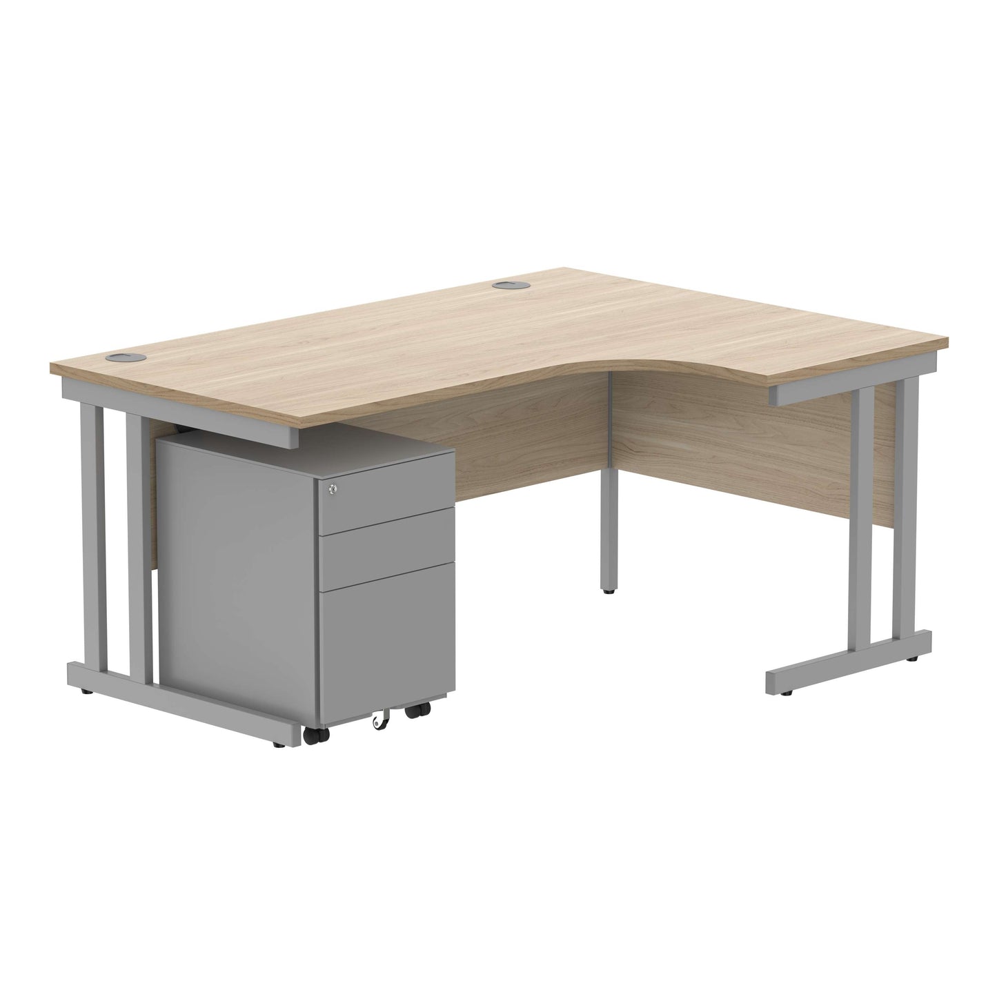 Double Upright Right Hand Radial Desk + Under Desk Steel Pedestal 3 Drawers (FSC) | 1600X1200 | Canadian Oak/Silver
