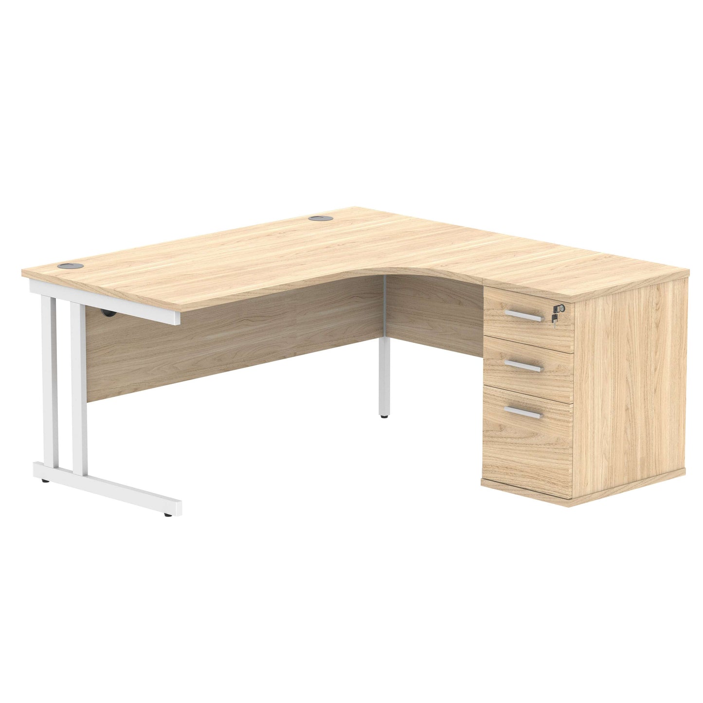 Double Upright Right Hand Radial Desk + Desk High Pedestal (FSC) | 600mm Deep Pedestal | 1600X1200 | Canadian Oak/White