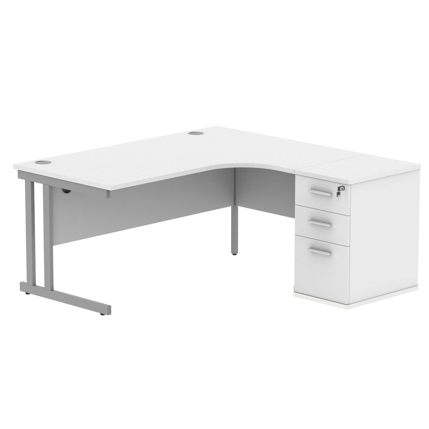 Double Upright Right Hand Radial Desk + Desk High Pedestal (FSC) | 600mm Deep Pedestal | 1600X1200 | Arctic White/Silver