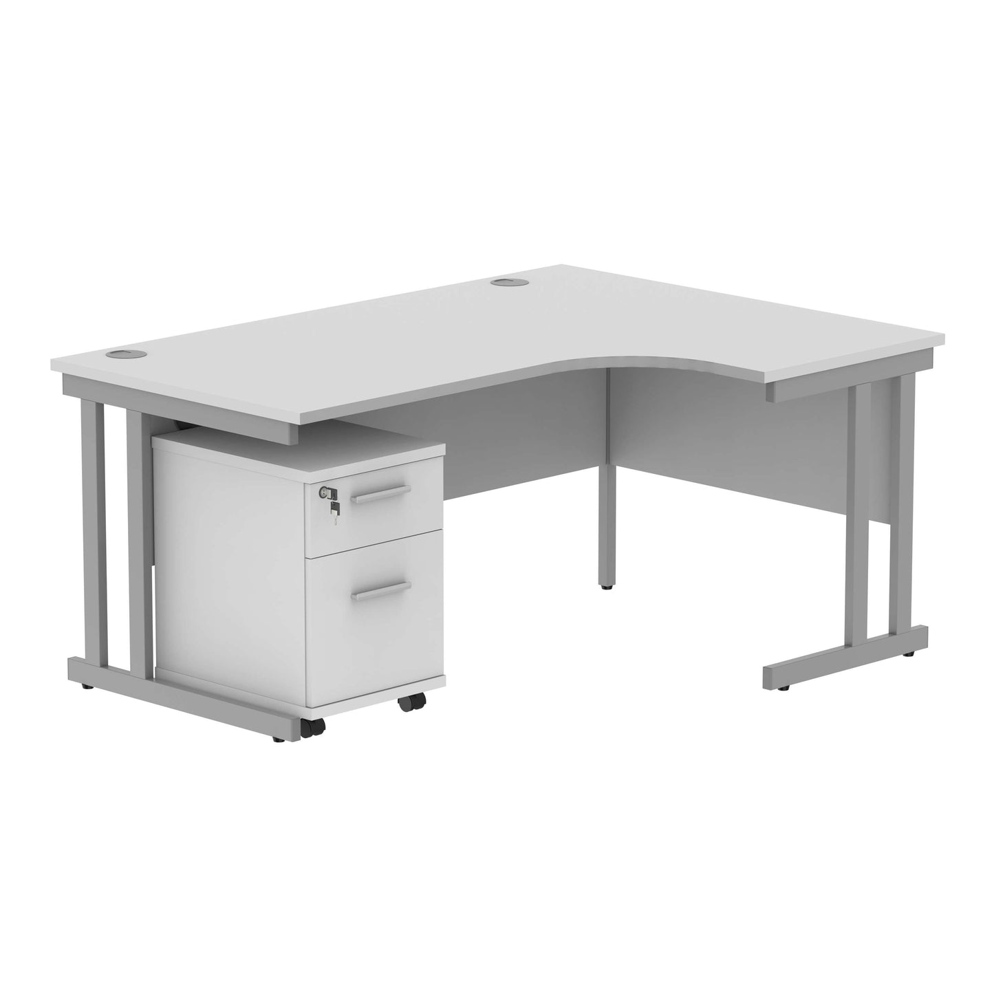 Double Upright Right Hand Radial Desk + 2 Drawer Mobile Under Desk Pedestal (FSC) | 1600X1200 | Arctic White/Silver