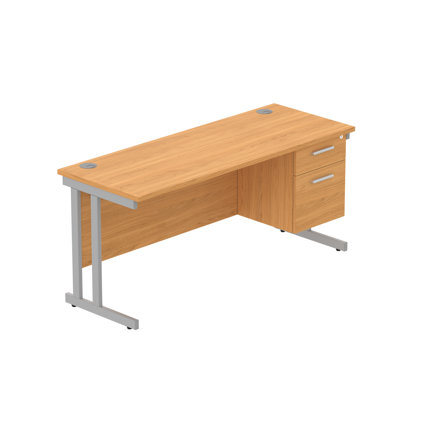 Office Rectangular Desk with Steel Double Upright Cantilever Legs + 2 Drawer Fixed Pedestal (FSC) | 1600X600 | Norwegian Beech/Silver