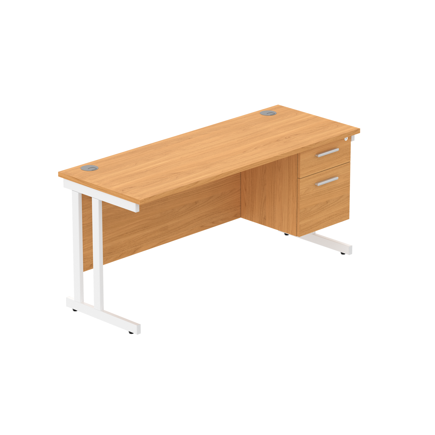 Office Rectangular Desk with Steel Double Upright Cantilever Legs + 2 Drawer Fixed Pedestal (FSC) | 1600X600 | Norwegian Beech/White