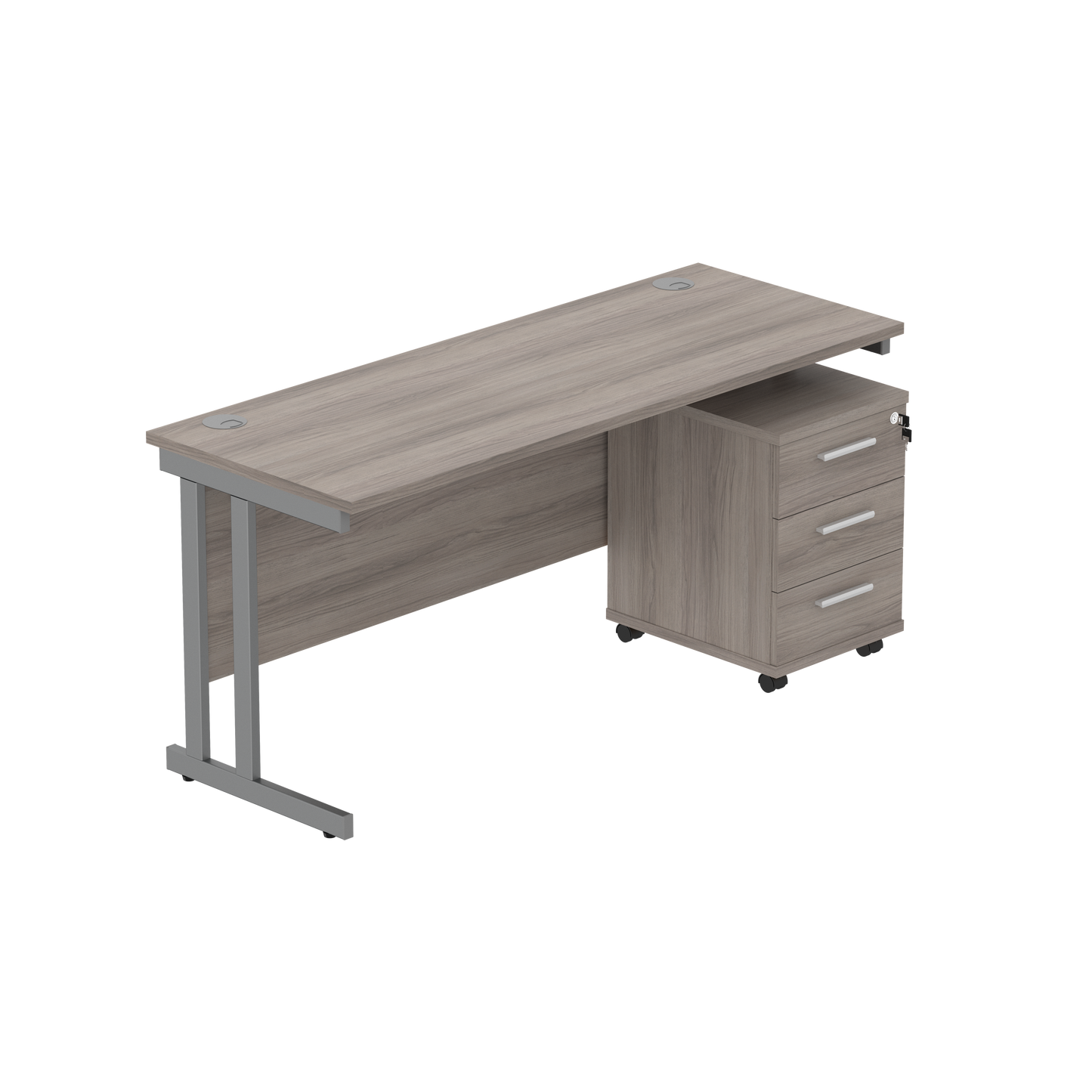 Double Upright Rectangular Desk + 3 Drawer Mobile Under Desk Pedestal (FSC) | 1600X600 | Alaskan Grey Oak/Graphite