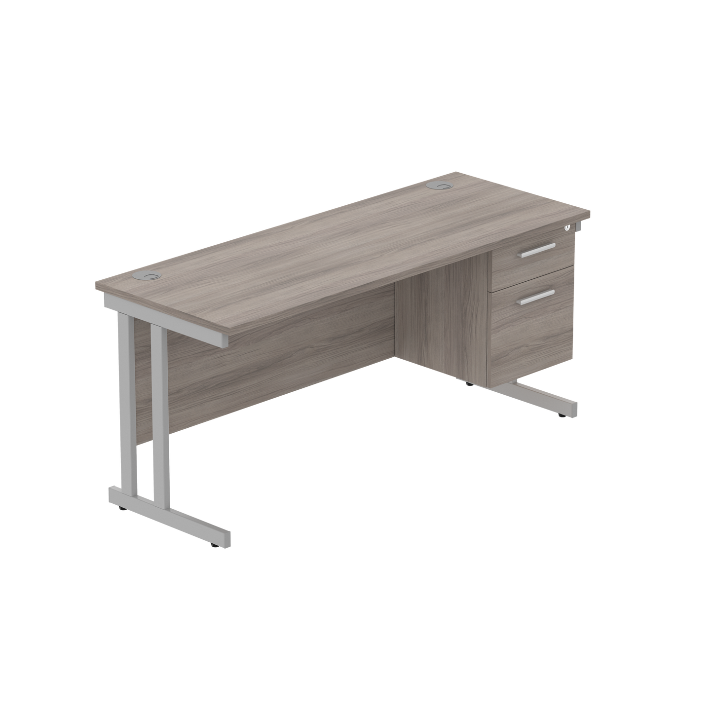 Office Rectangular Desk with Steel Double Upright Cantilever Legs + 2 Drawer Fixed Pedestal (FSC) | 1600X600 | Alaskan Grey Oak/Silver