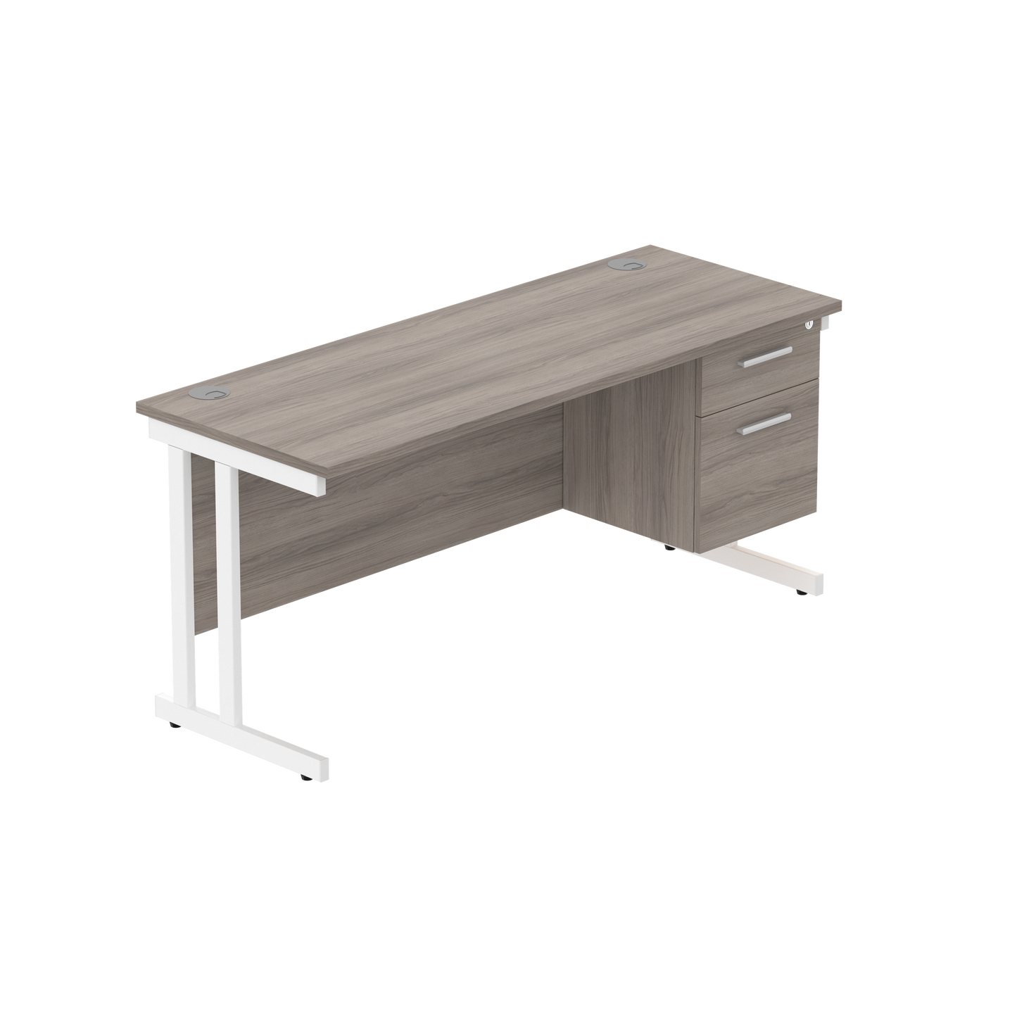 Office Rectangular Desk with Steel Double Upright Cantilever Legs + 2 Drawer Fixed Pedestal (FSC) | 1600X600 | Alaskan Grey Oak/White