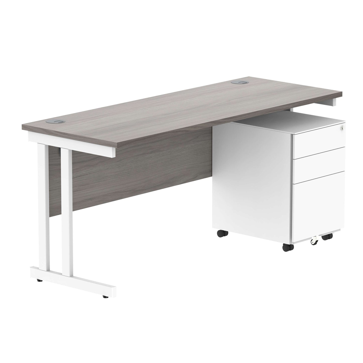 Double Upright Rectangular Desk + Under Desk Steel Pedestal 3 Drawers (FSC) | 1600X600 | Alaskan Grey Oak/White