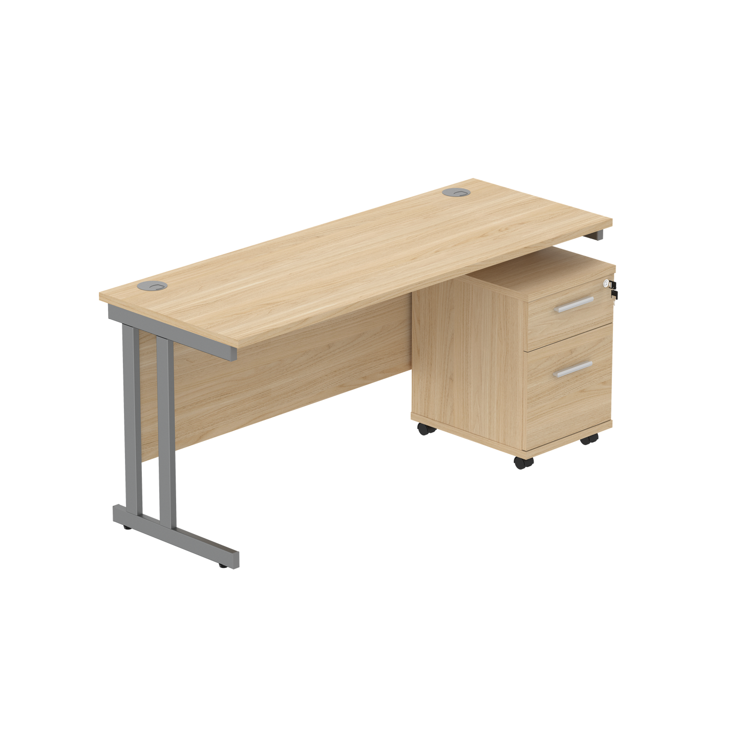 Double Upright Rectangular Desk + 2 Drawer Mobile Under Desk Pedestal (FSC) | 1600X600 | Canadian Oak/Graphite