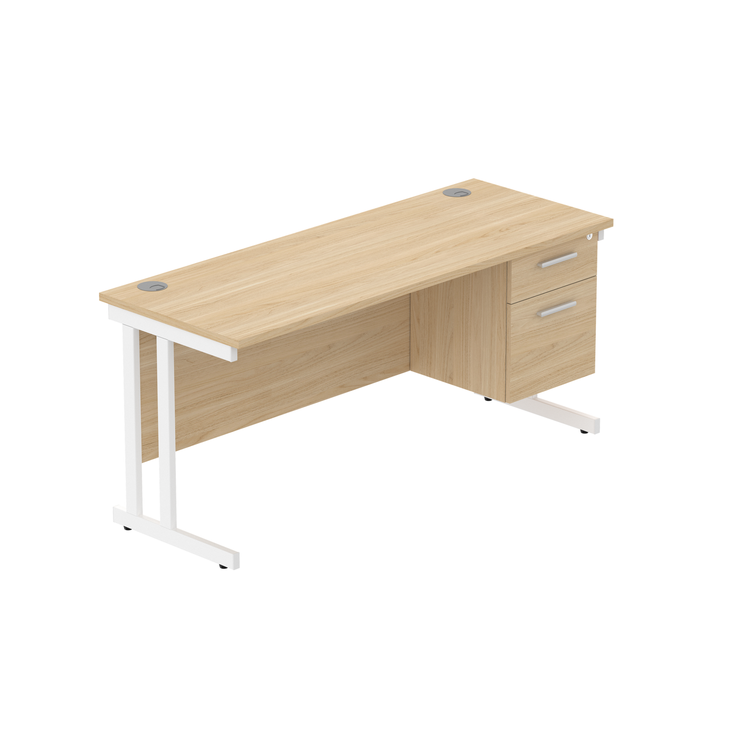 Office Rectangular Desk with Steel Double Upright Cantilever Legs + 2 Drawer Fixed Pedestal (FSC) | 1600X600 | Canadian Oak/White