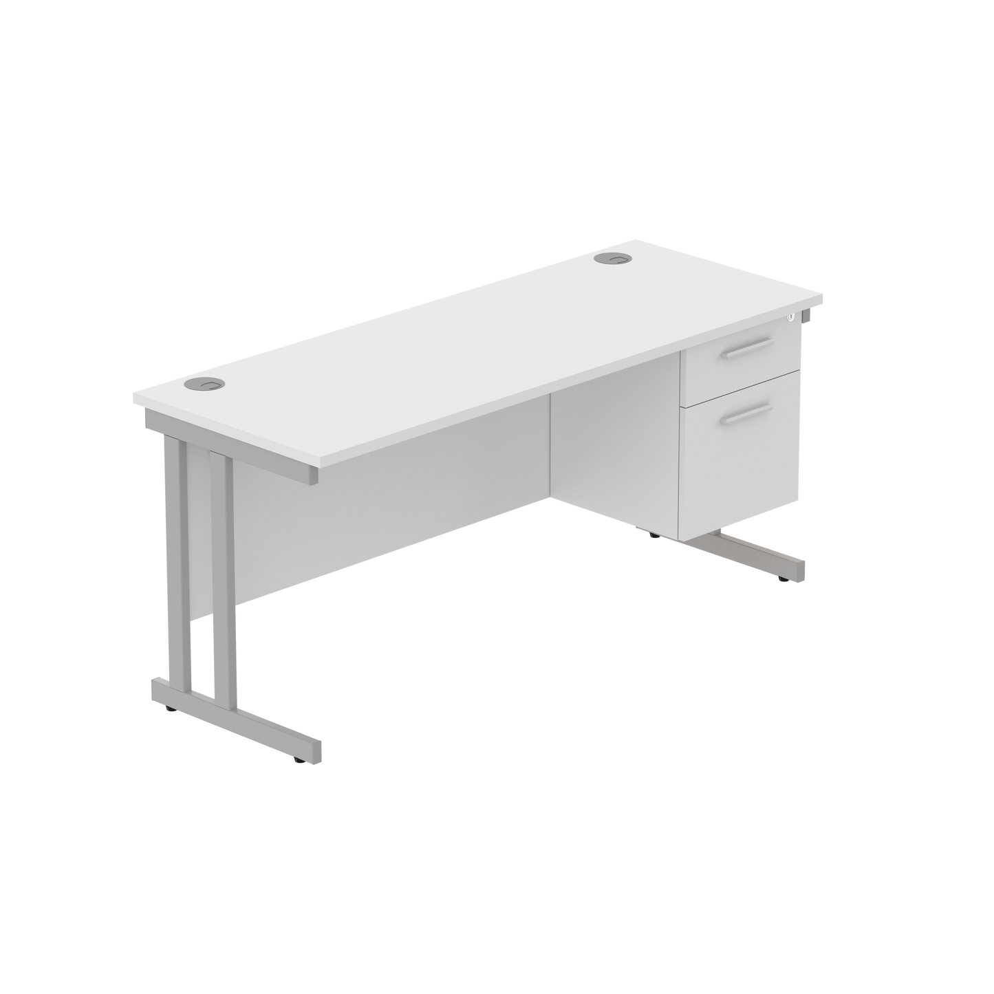 Office Rectangular Desk with Steel Double Upright Cantilever Legs + 2 Drawer Fixed Pedestal (FSC) | 1600X600 | Arctic White/Silver