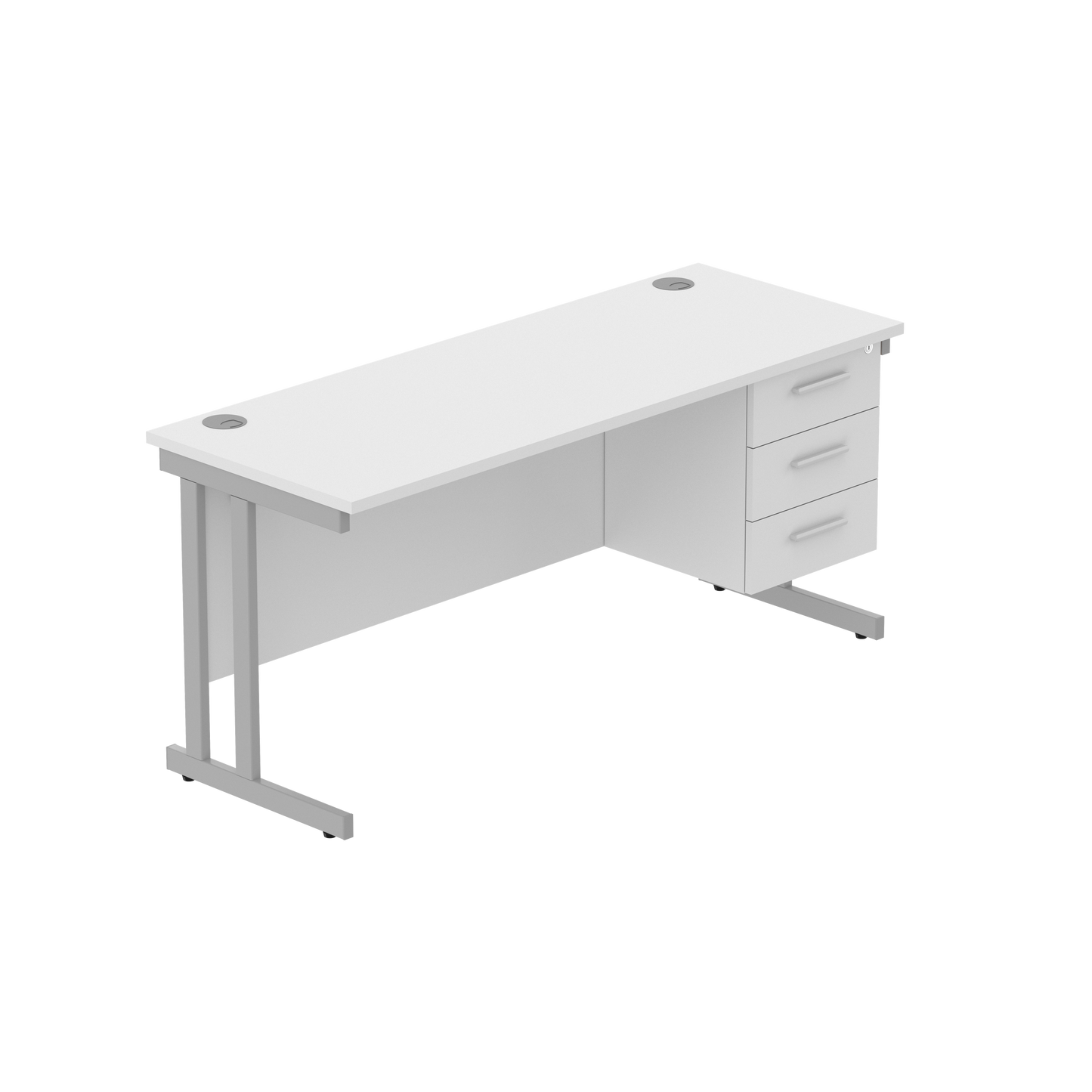 Office Rectangular Desk with Steel Double Upright Cantilever Legs + 3 Drawer Fixed Pedestal (FSC) | 1600X600 | Arctic White/Silver