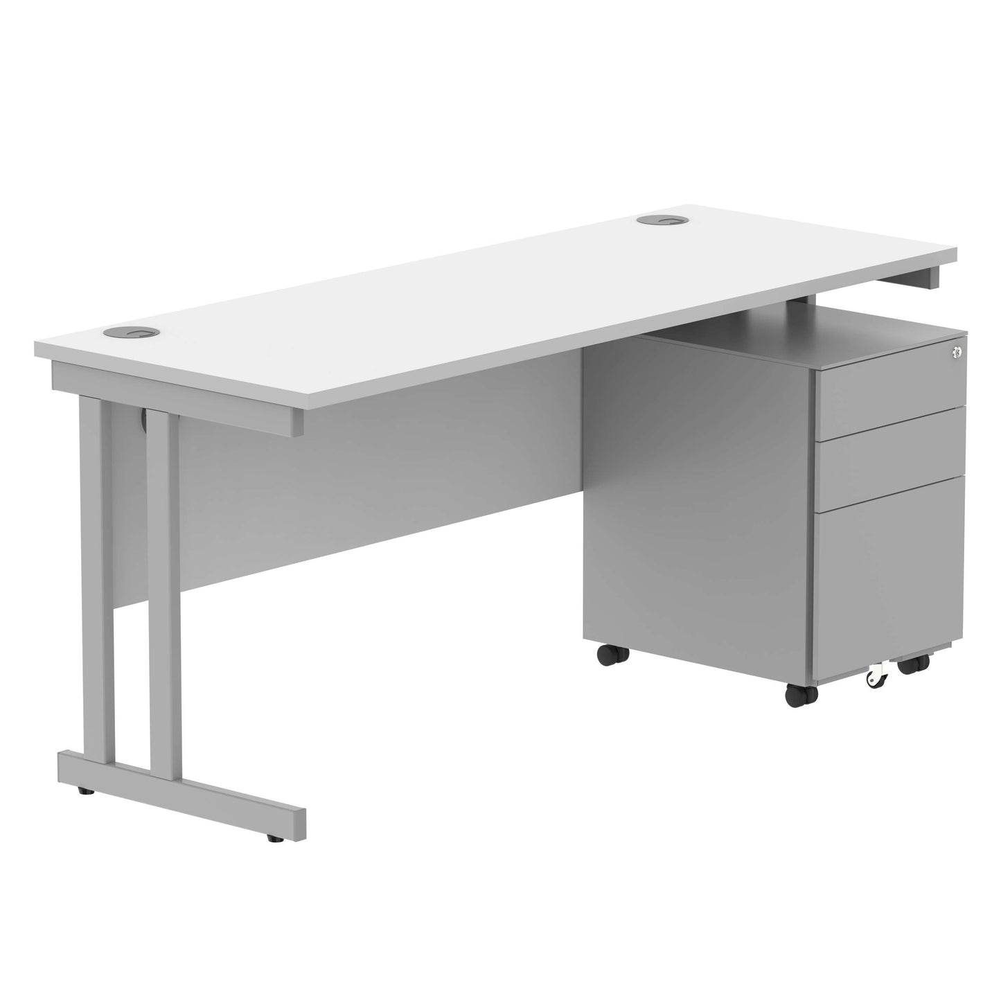 Double Upright Rectangular Desk + Under Desk Steel Pedestal 3 Drawers (FSC) | 1600X600 | Arctic White/Silver