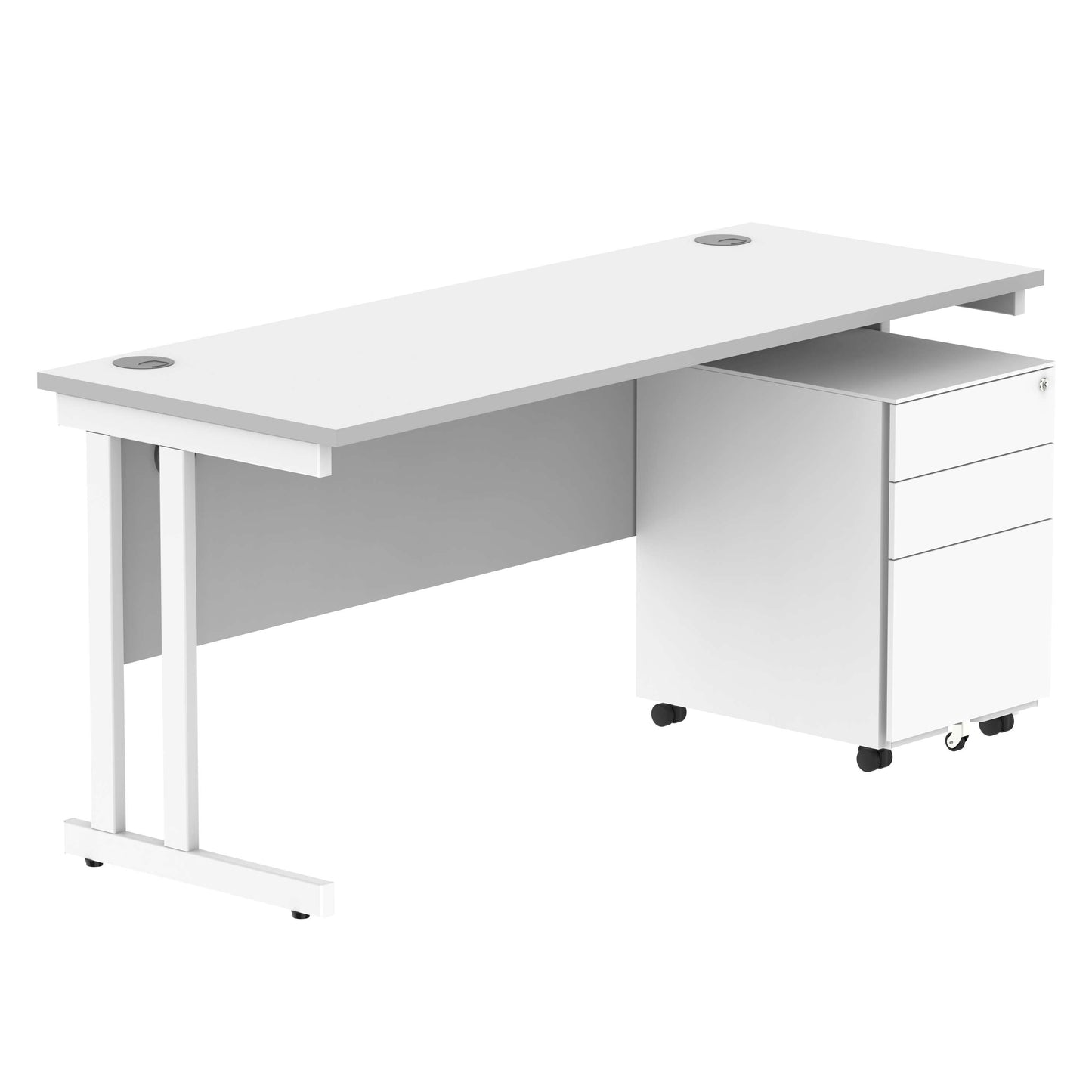 Double Upright Rectangular Desk + Under Desk Steel Pedestal 3 Drawers (FSC) | 1600X600 | Arctic White/White